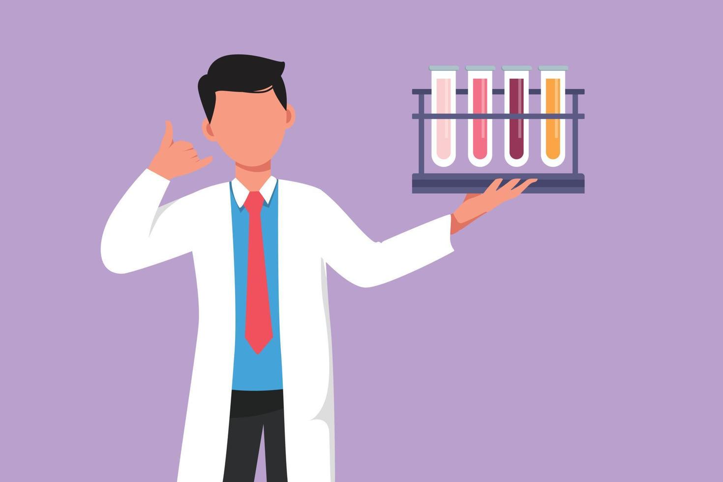 Character flat drawing of smart male scientist holding measuring tube with call me gesture and examining chemical solution to make vaccine due to pandemic outbreak. Cartoon design vector illustration