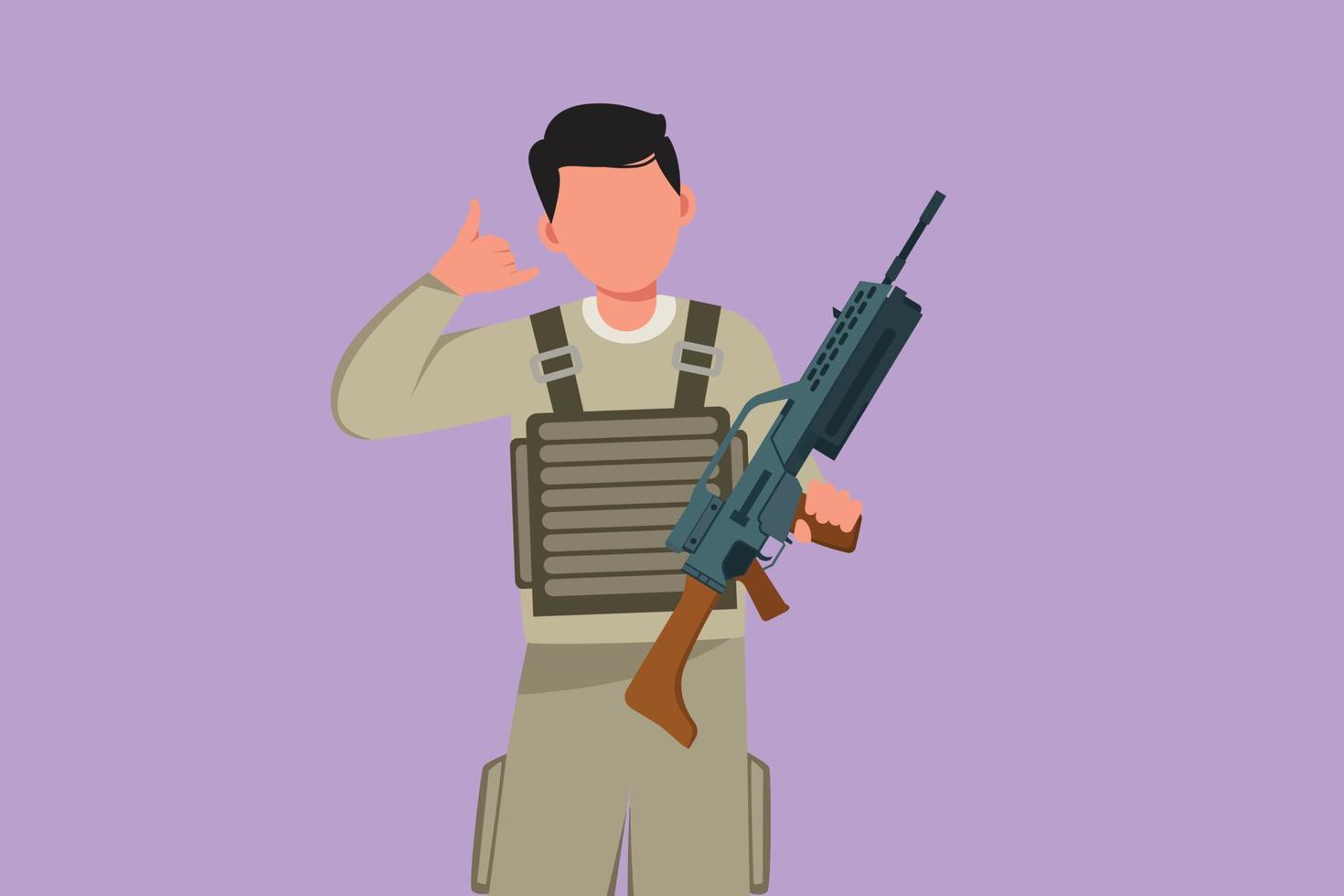 Cartoon flat style drawing male soldier in full uniforms, holding weapons with call me gesture, ready to defend country on battlefield against enemy. Army on duty. Graphic design vector illustration