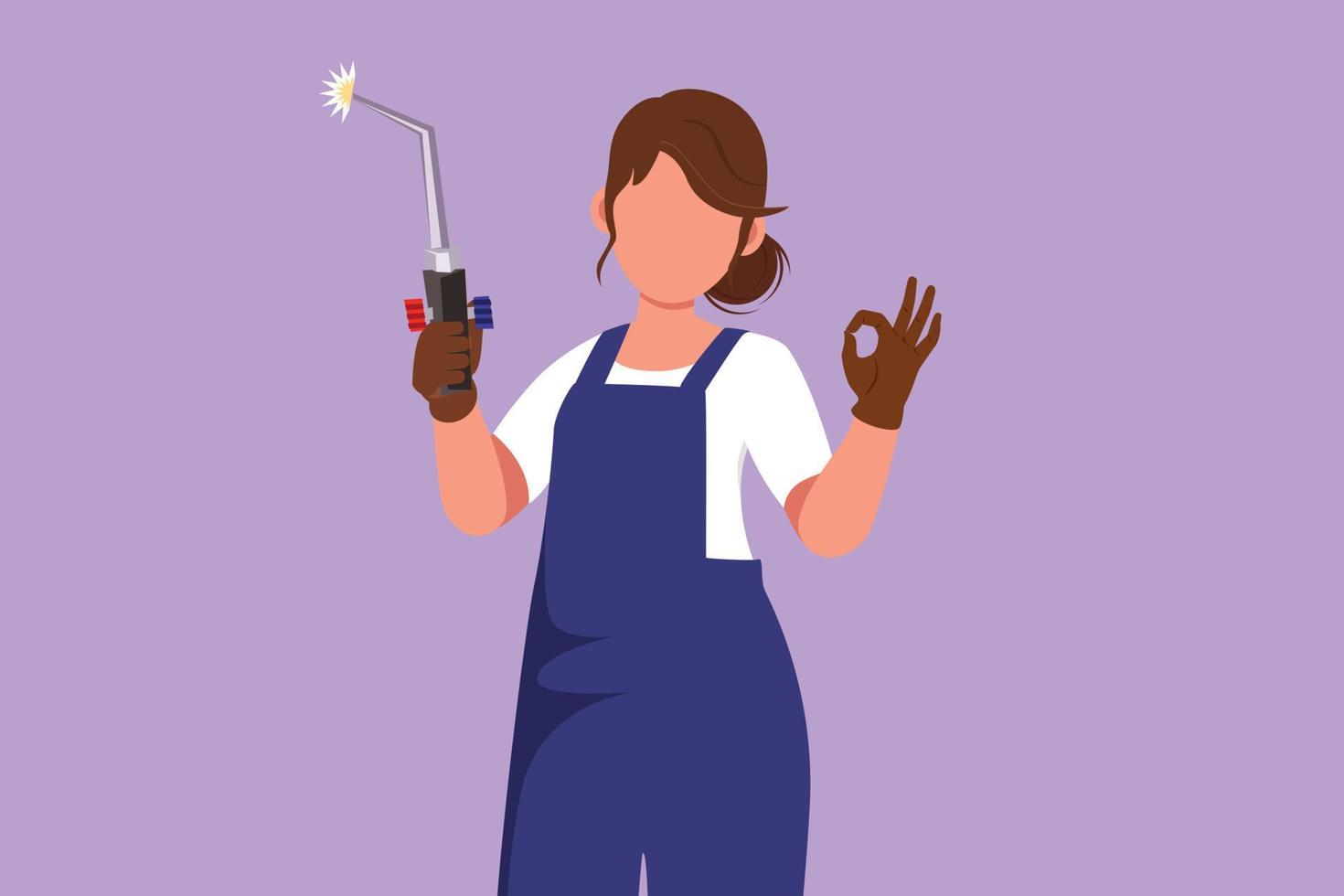 Character flat drawing beauty female welder holding welding tool with okay gesture, working in construction of building forming steel frame that is melted by fire. Cartoon design vector illustration