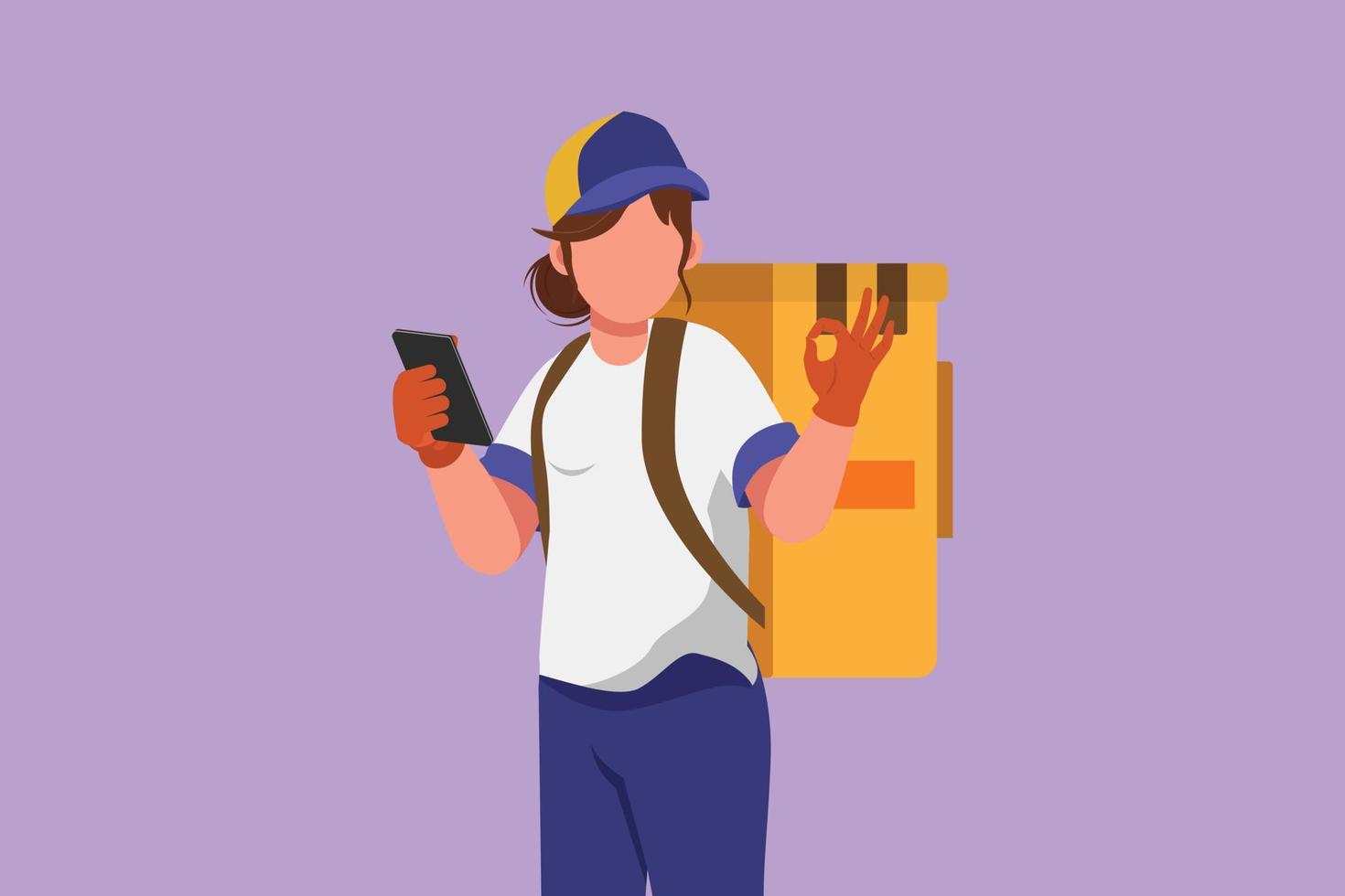 Cartoon flat style drawing deliverywoman holding smartphone for finding address with okay gesture, carry package box to be delivered to customer with best service. Graphic design vector illustration