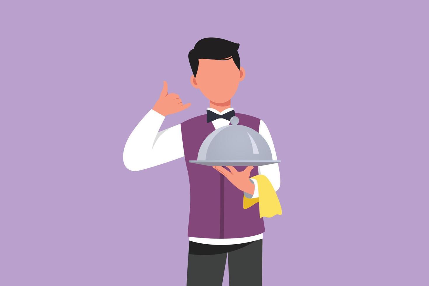 Cartoon flat style drawing male waiter holding tray of delicious meals with call me gesture serving customers in restaurant. Working hard to make guests feel happy. Graphic design vector illustration