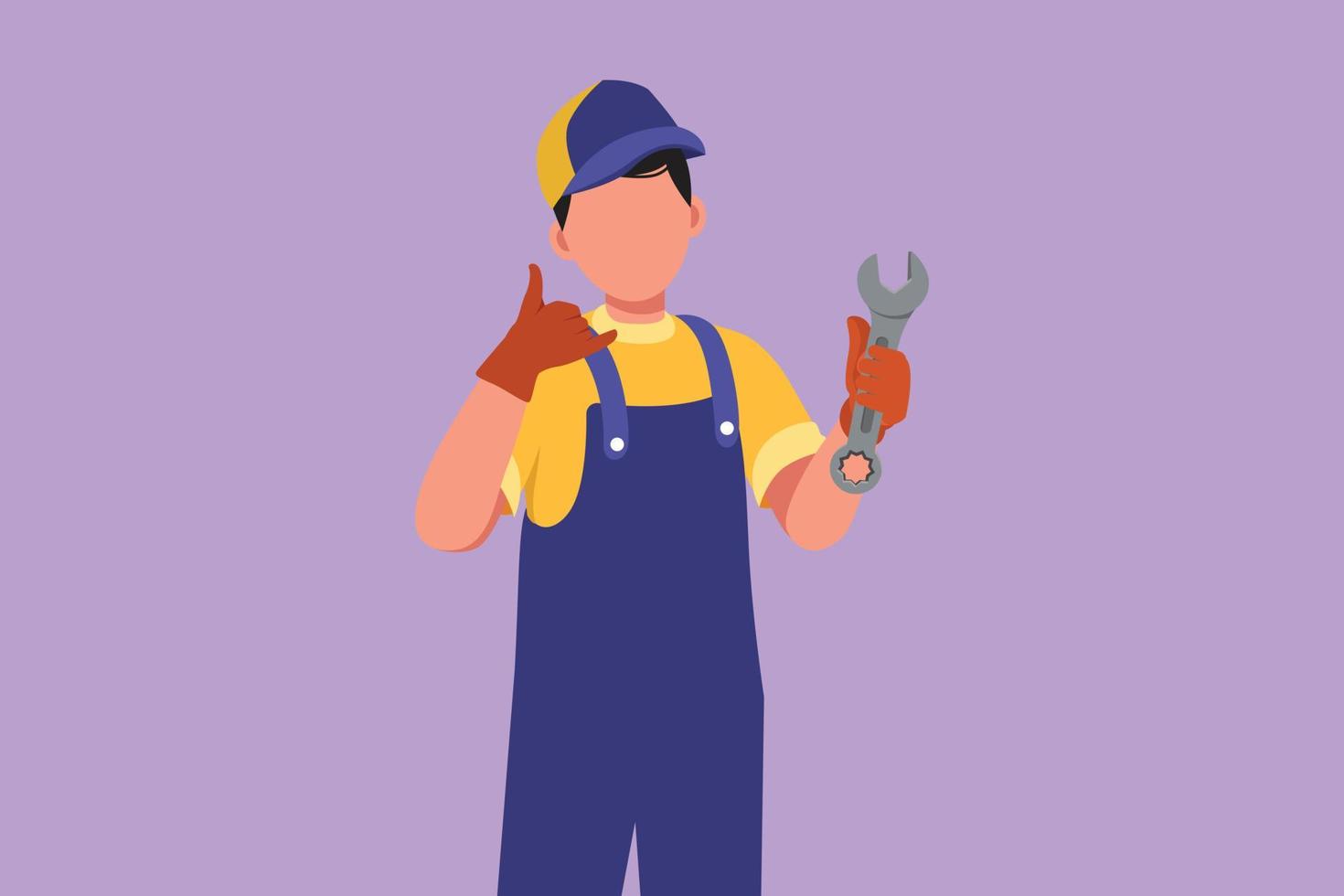 Graphic flat design drawing male mechanic holding wrench with call me gesture and ready to perform maintenance on vehicle engine or transportation. Garage business. Cartoon style vector illustration
