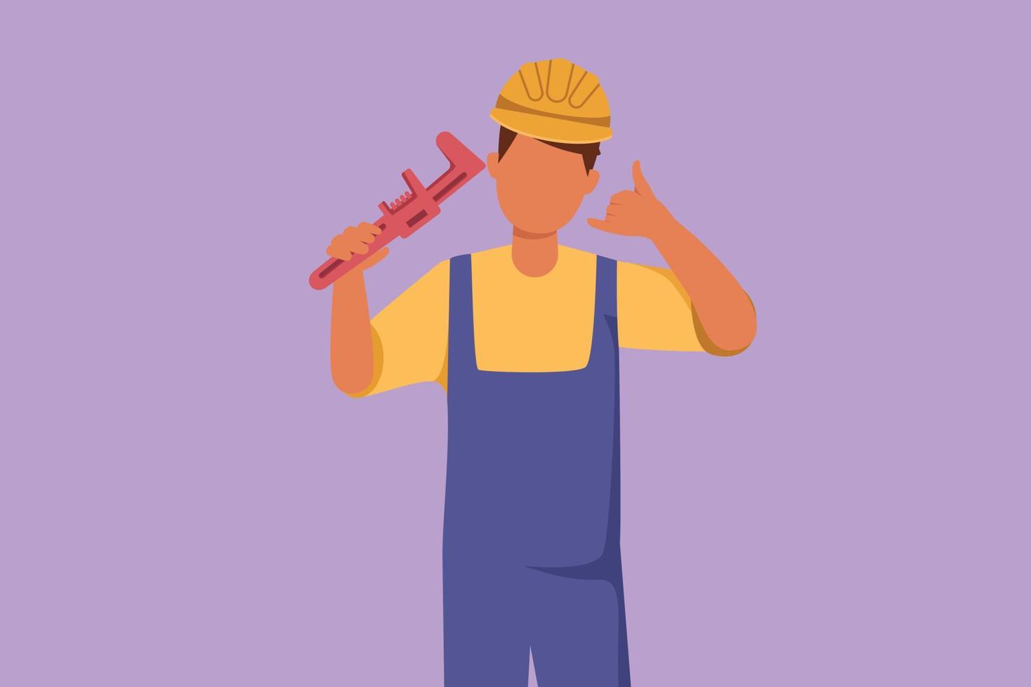 Character flat drawing male plumber holding monkey wrench and wear helmet with call me gesture, ready to work on repairing leaking drain in sink and houses drains. Cartoon design vector illustration