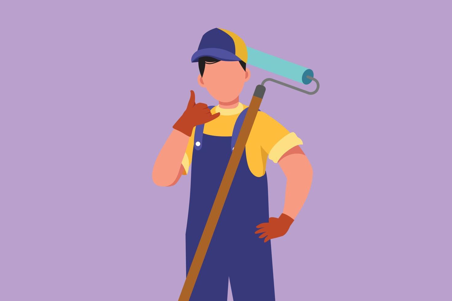 Graphic flat design drawing handyman holding long paintbrush roll with call me gesture ready to work on painting wall, renovation and repairing damaged part of house. Cartoon style vector illustration