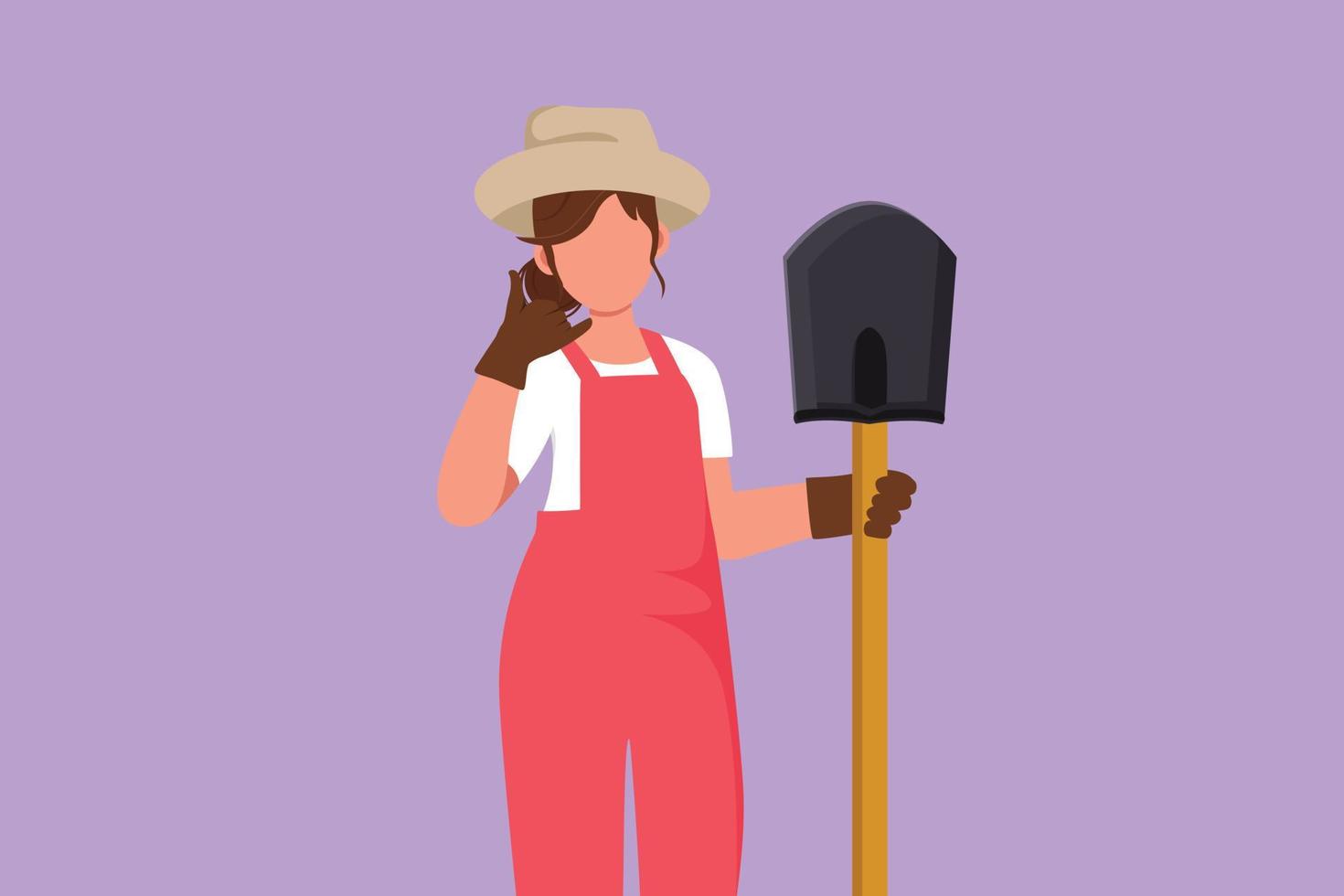 Graphic flat design drawing beauty female farmer holding shovel with call me gesture and wear straw hat working on farm at harvest time. Countryside or rural living. Cartoon style vector illustration
