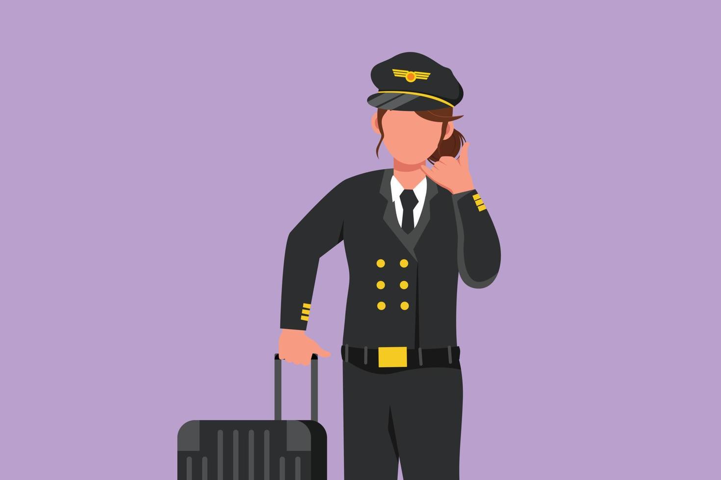 Graphic flat design drawing female pilot with call me gesture and in uniform ready to fly with cabin crew with aircraft at airport. Airline travel or plane industry. Cartoon style vector illustration