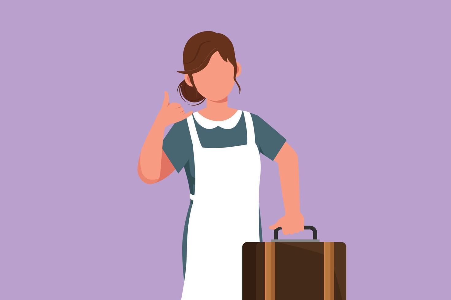 Graphic flat design drawing of maid in hotel holding suitcase with call me gesture. Work deftly to clean and prepare sheet bed in hotel room with professional manner. Cartoon style vector illustration