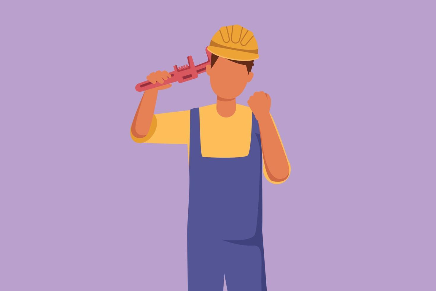 Character flat drawing male plumber holding monkey wrench and wear helmet with celebrate gesture, ready to work on repairing leaking drain in sink and houses drains. Cartoon design vector illustration