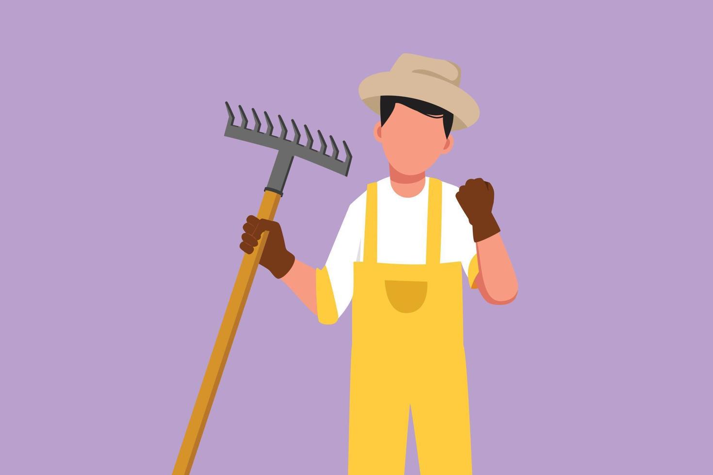 Graphic flat design drawing farmer holding rake with celebrate gesture and wearing straw hat to working on farm at harvest time. Countryside or rural living people. Cartoon style vector illustration