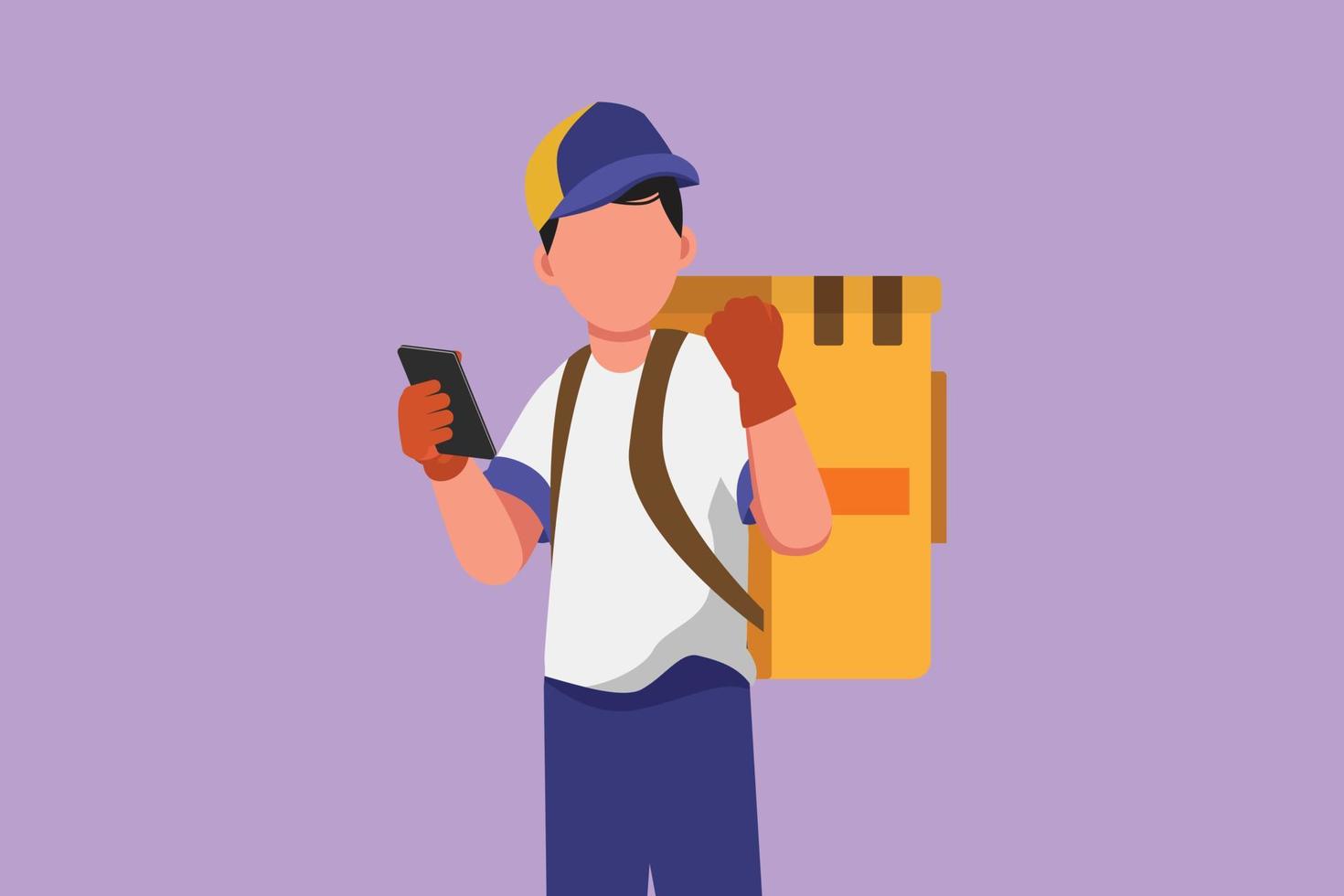 Character flat drawing deliveryman holding smartphone for finding address with celebrate gesture and carry package box to be delivered to customer with best service. Cartoon design vector illustration