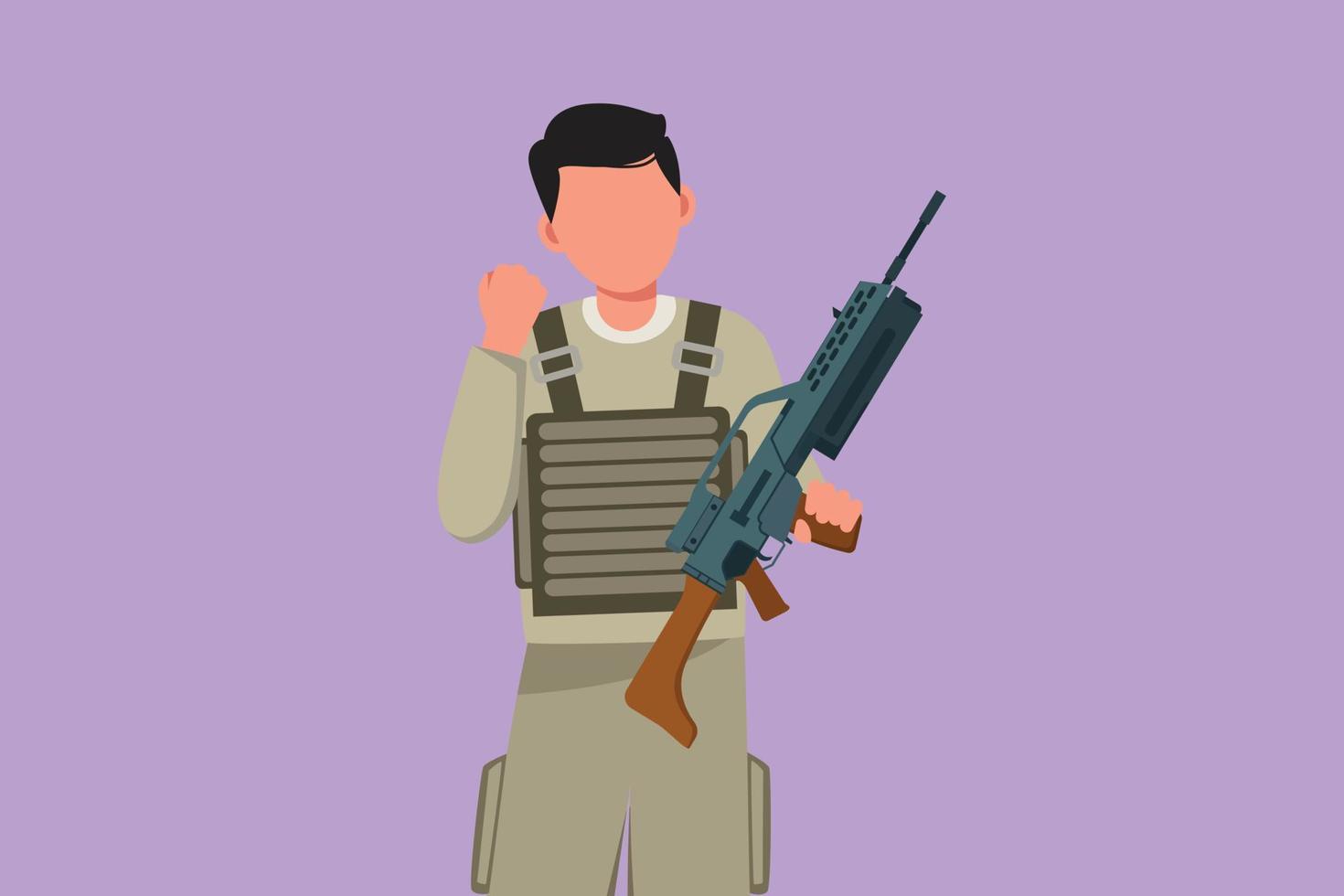 soldado masculino de dibujo plano de personaje con uniformes completos y sosteniendo armas con gesto de celebración, listo para defender el país en el campo de batalla contra el enemigo. ejército de turno. ilustración vectorial de diseño de dibujos animados vector