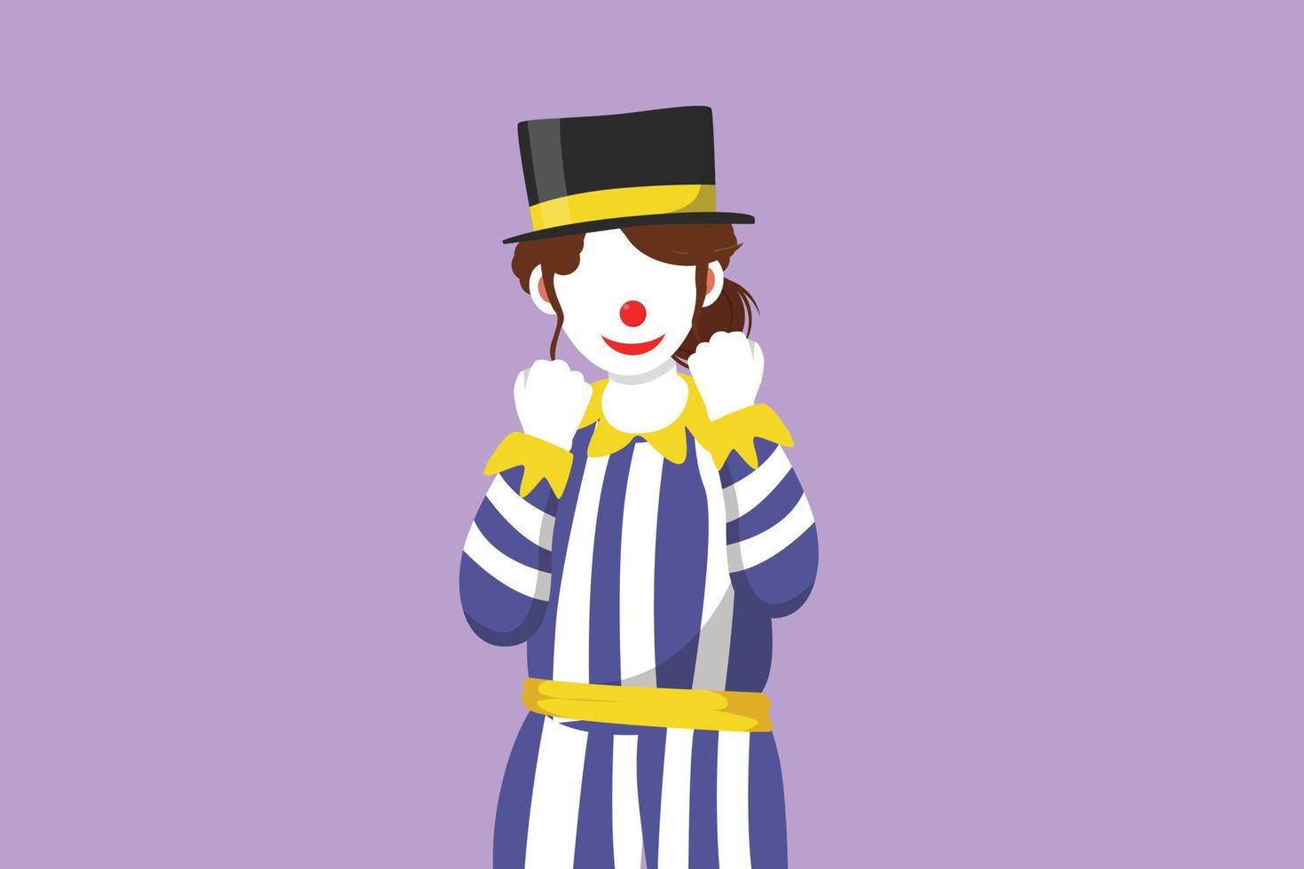 Cartoon flat style drawing female clown standing with celebrate gesture wearing hat and smiling face makeup. Entertain children kid at birthday party or circus show. Graphic design vector illustration