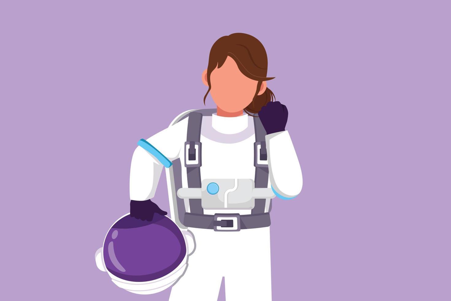Character flat drawing cute female astronaut holding helmet with celebrate gesture wearing spacesuit ready to explore outer space in search of mysteries of universe. Cartoon design vector illustration