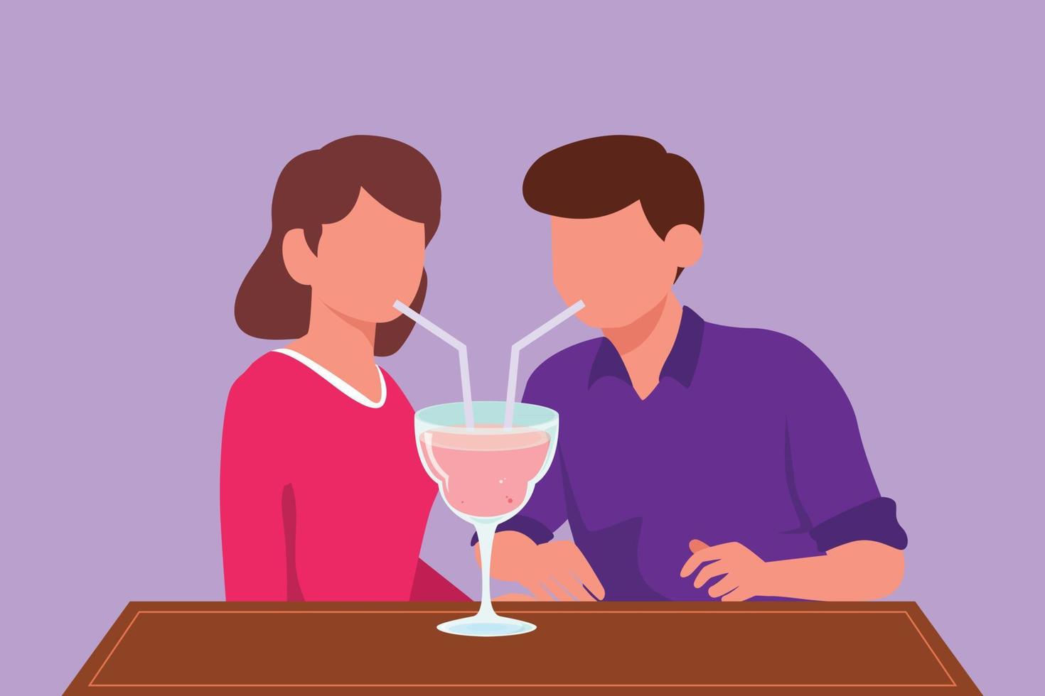 dibujo de estilo plano de dibujos animados linda pareja joven bebiendo con pajitas y vasos grandes juntos en el café. celebrar aniversarios y disfrutar de una cena romántica en el restaurante. ilustración vectorial de diseño gráfico vector