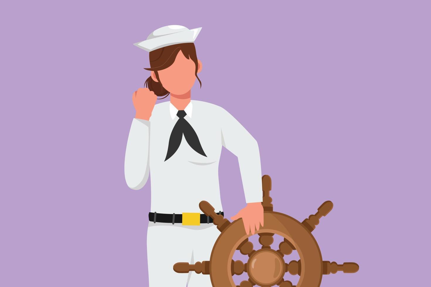 Character flat drawing beautiful sailor woman with celebrate gesture ready to sail across seas in ship that is headed by captain. Female sailor travel across ocean. Cartoon design vector illustration