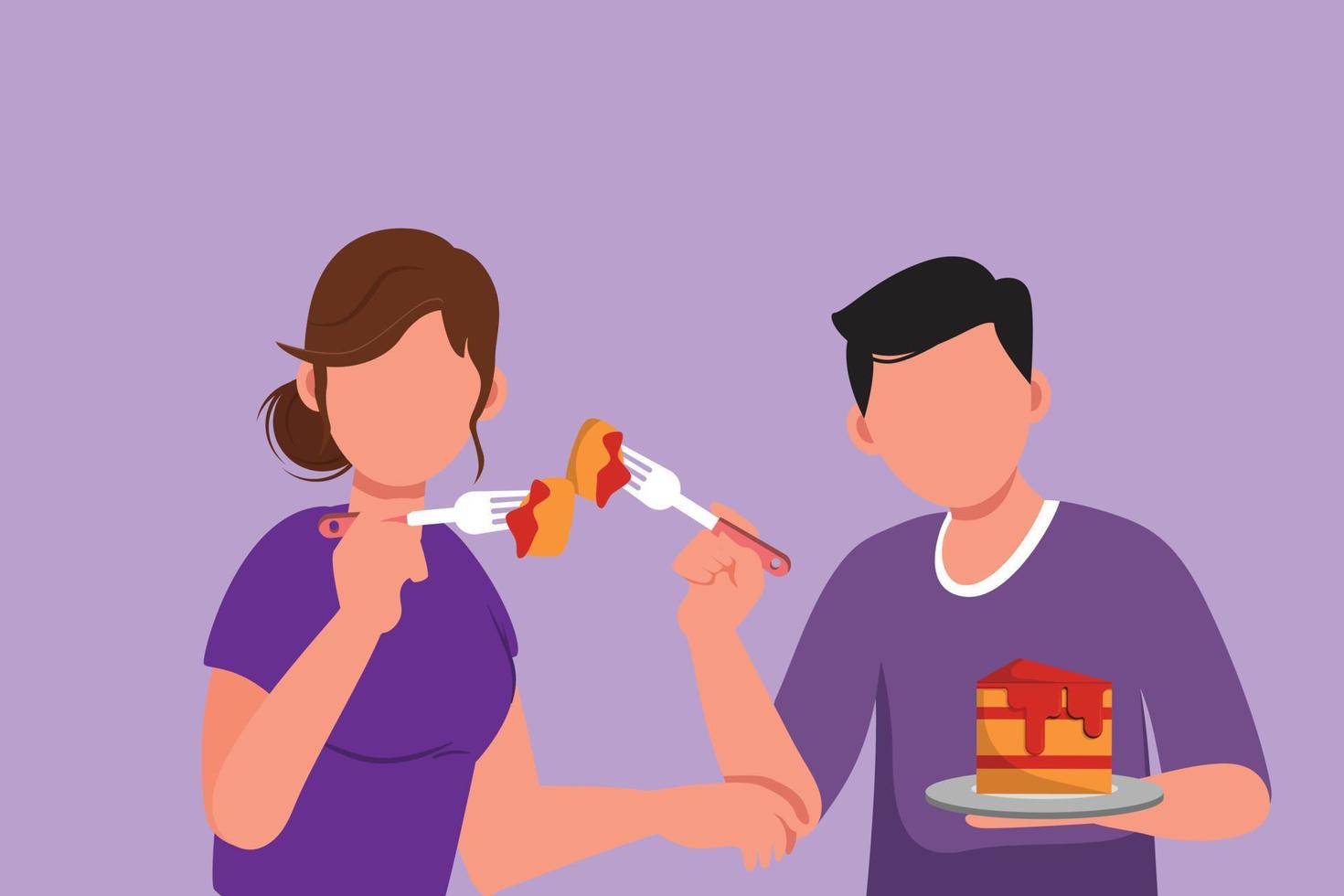 Graphic flat design drawing young couple eating cake and feeding each other. Man and woman having fun dinner together at restaurant. Celebrate wedding anniversaries. Cartoon style vector illustration