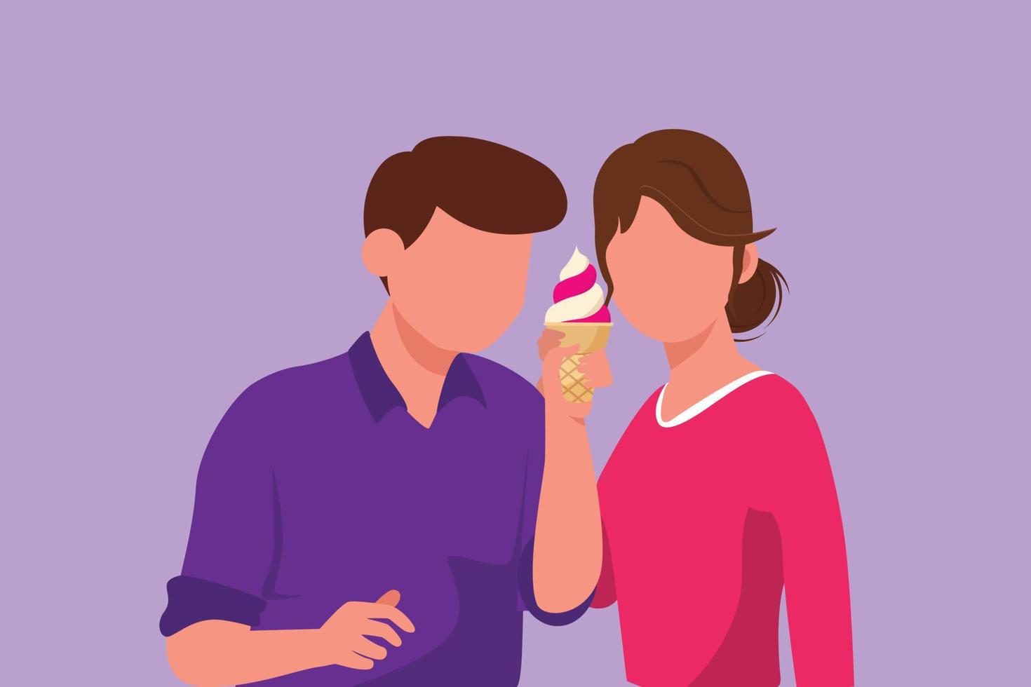 dibujo gráfico de diseño plano de una pareja romántica de pie y compartiendo helado. celebrar aniversarios y disfrutar de un refrigerio de comida rápida en el restaurante. postre dulce. ilustración vectorial de estilo de dibujos animados vector