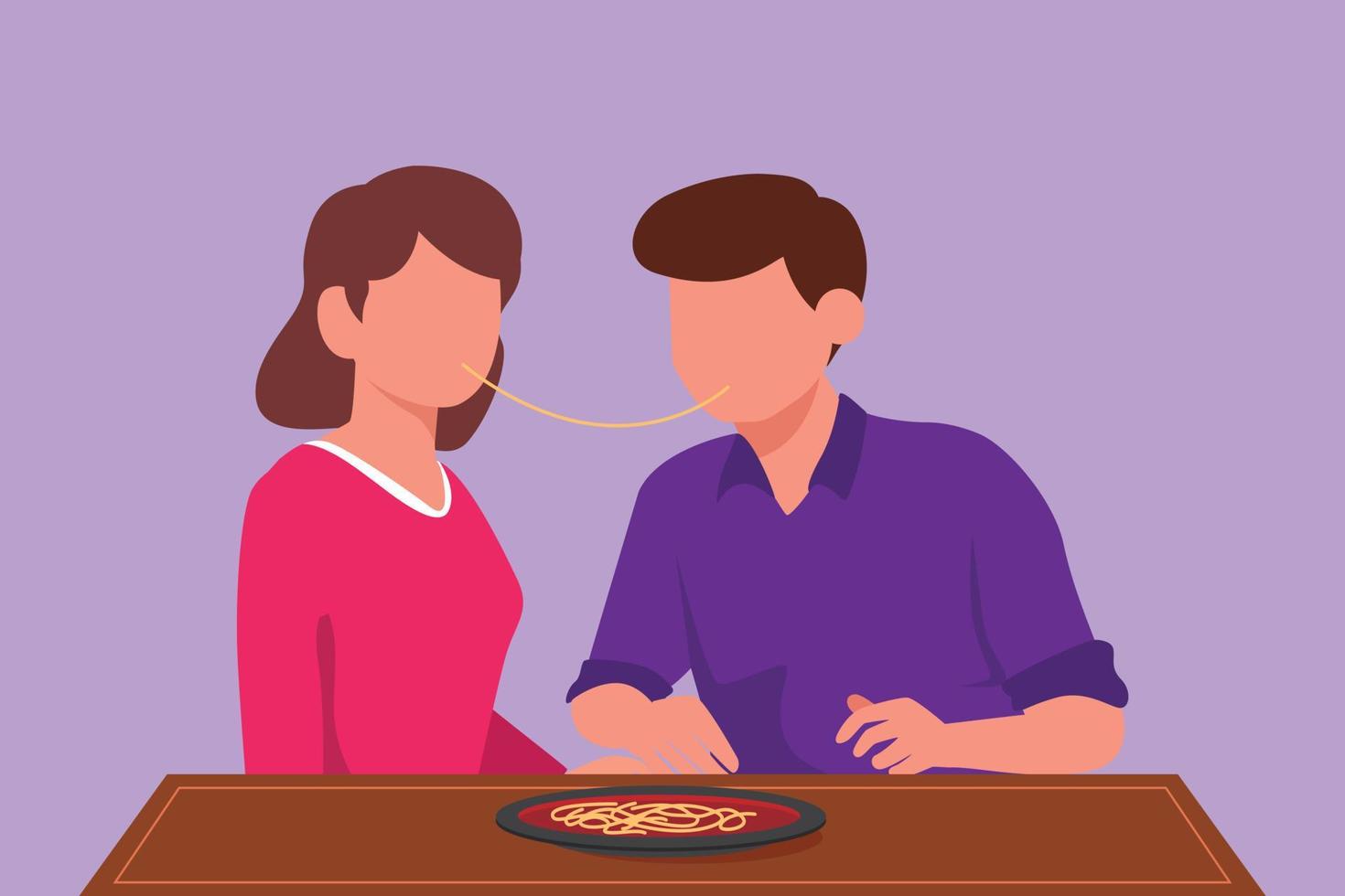 dibujo de dibujos animados de una pareja feliz que tiene una cita romántica en un restaurante comiendo pasta juntos. hombre y mujer disfrutando del romance en el café. celebrar aniversarios. ilustración vectorial de diseño gráfico vector