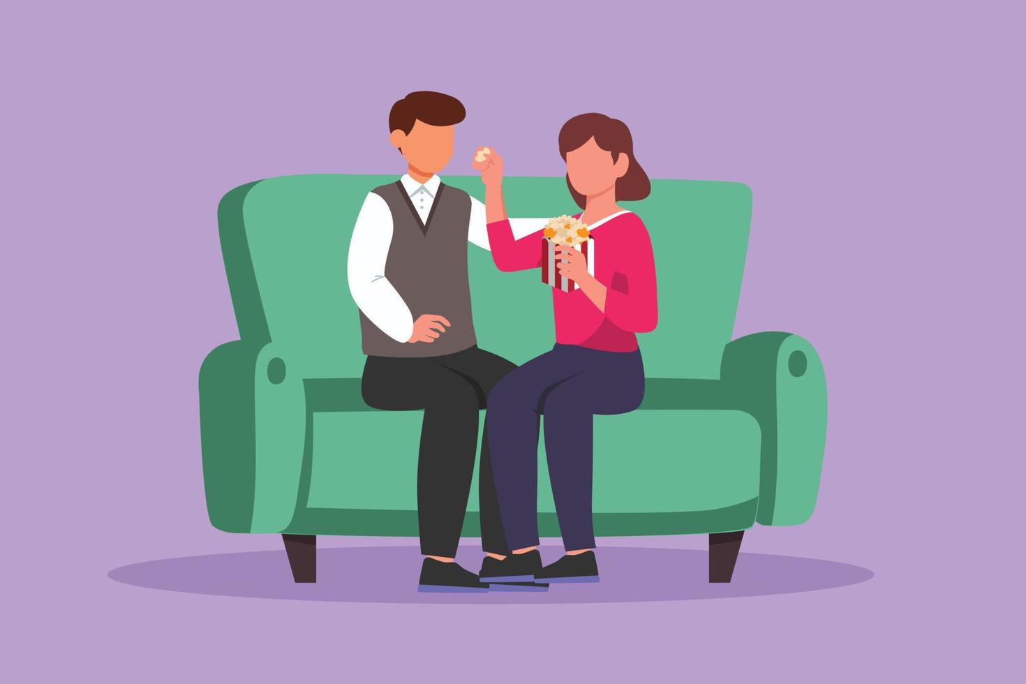 Character flat drawing romantic young couple sitting relaxed together on sofa, woman feeding popcorn to man. Celebrate wedding anniversary in romantic living room. Cartoon design vector illustration