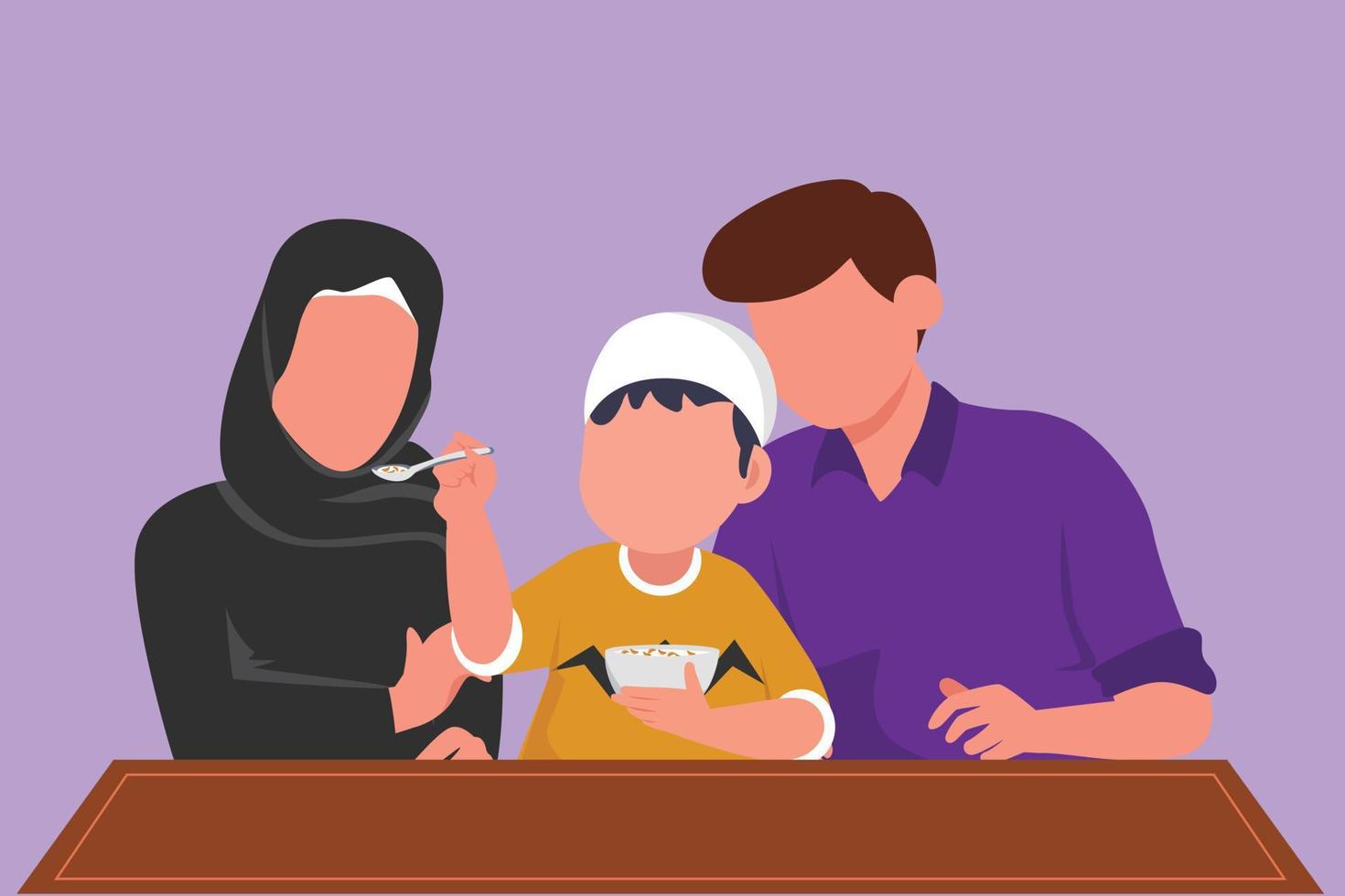 Character flat drawing young Arab family having breakfast together with cereal and glass of milk at home. Little boy feeds his mother with love. Happy little family. Cartoon design vector illustration