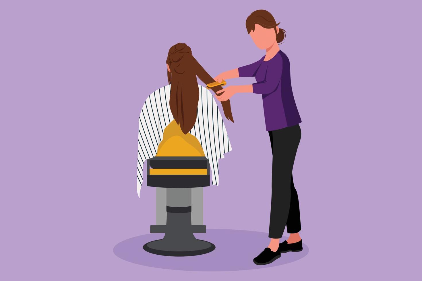 Graphic flat design drawing model sitting while hairstyling in beauty salon. Wear cape for hairdressing. Girl having dark, long, brown hair. Hairdresser using hair flatter. Cartoon vector illustration