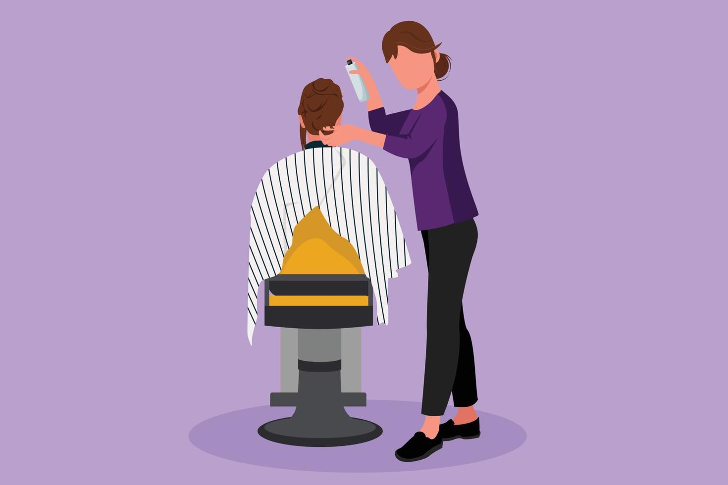 Character flat drawing rear view shot of female hairdresser styling customers hair at salon. Woman barber beautician. Successful business hairstylist beauty concept. Cartoon design vector illustration