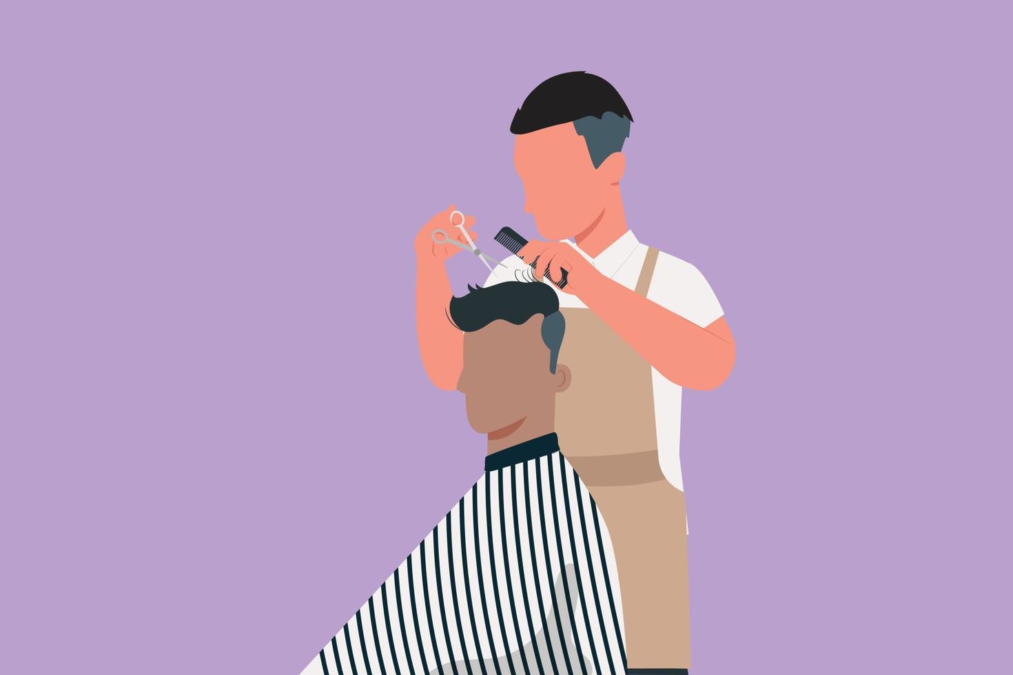 Cartoon flat style drawing handsome bearded man is looking forward while having his hair cut by hairdresser at barbershop. Grooming of real man. Successful business. Graphic design vector illustration