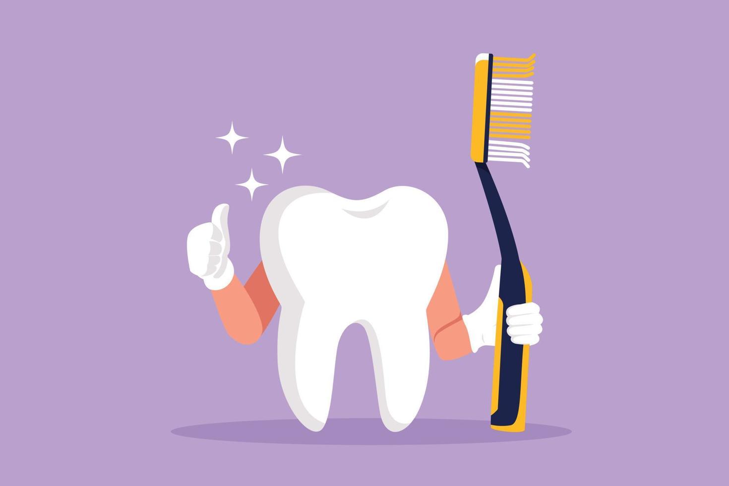 Cartoon flat style drawing giant tooth is holding toothbrush and one of his hands is doing thumbs up gesture. Symbol for medical dental clinic or oral health care. Graphic design vector illustration