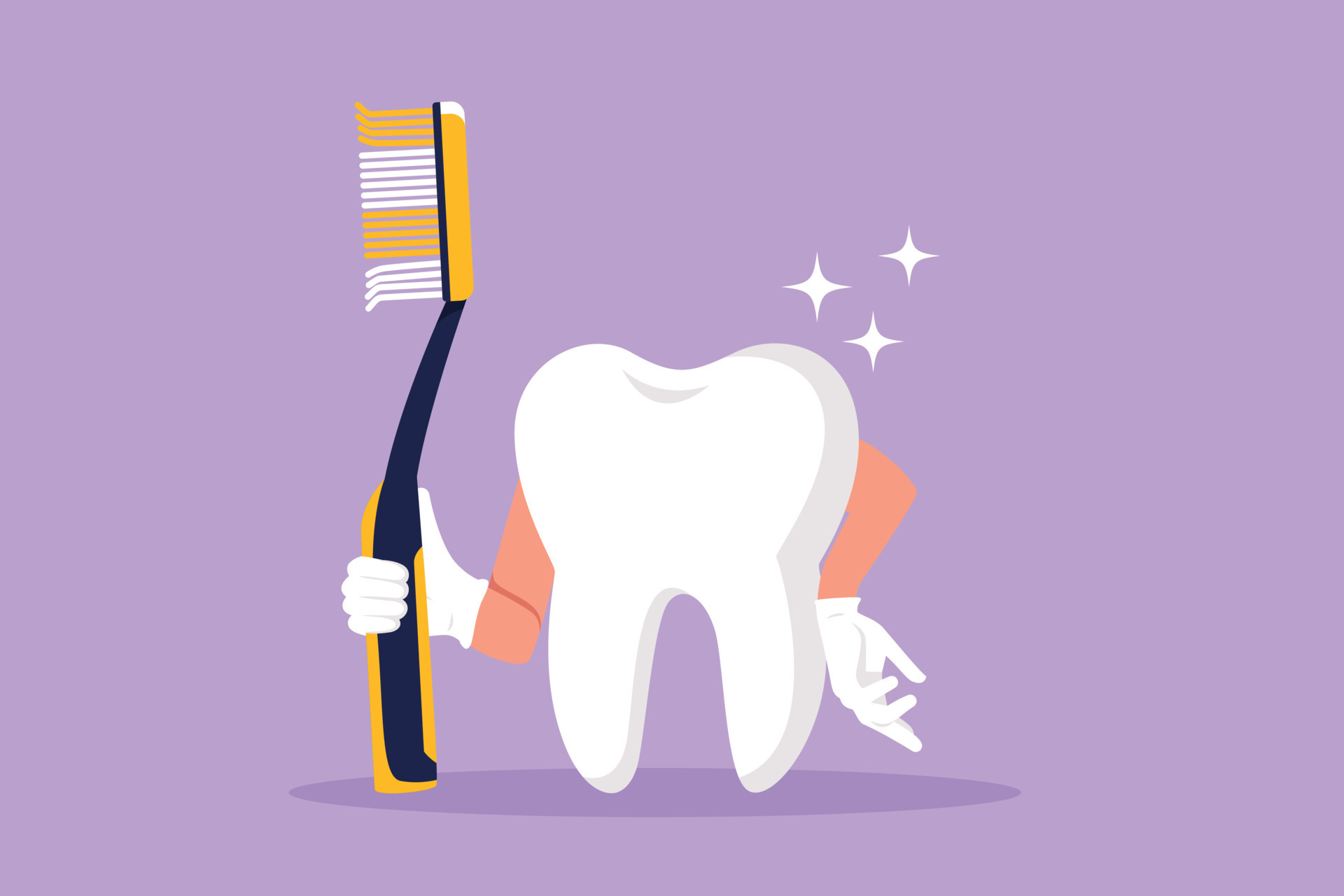 Graphic flat design drawing of giant tooth holding toothbrush in one