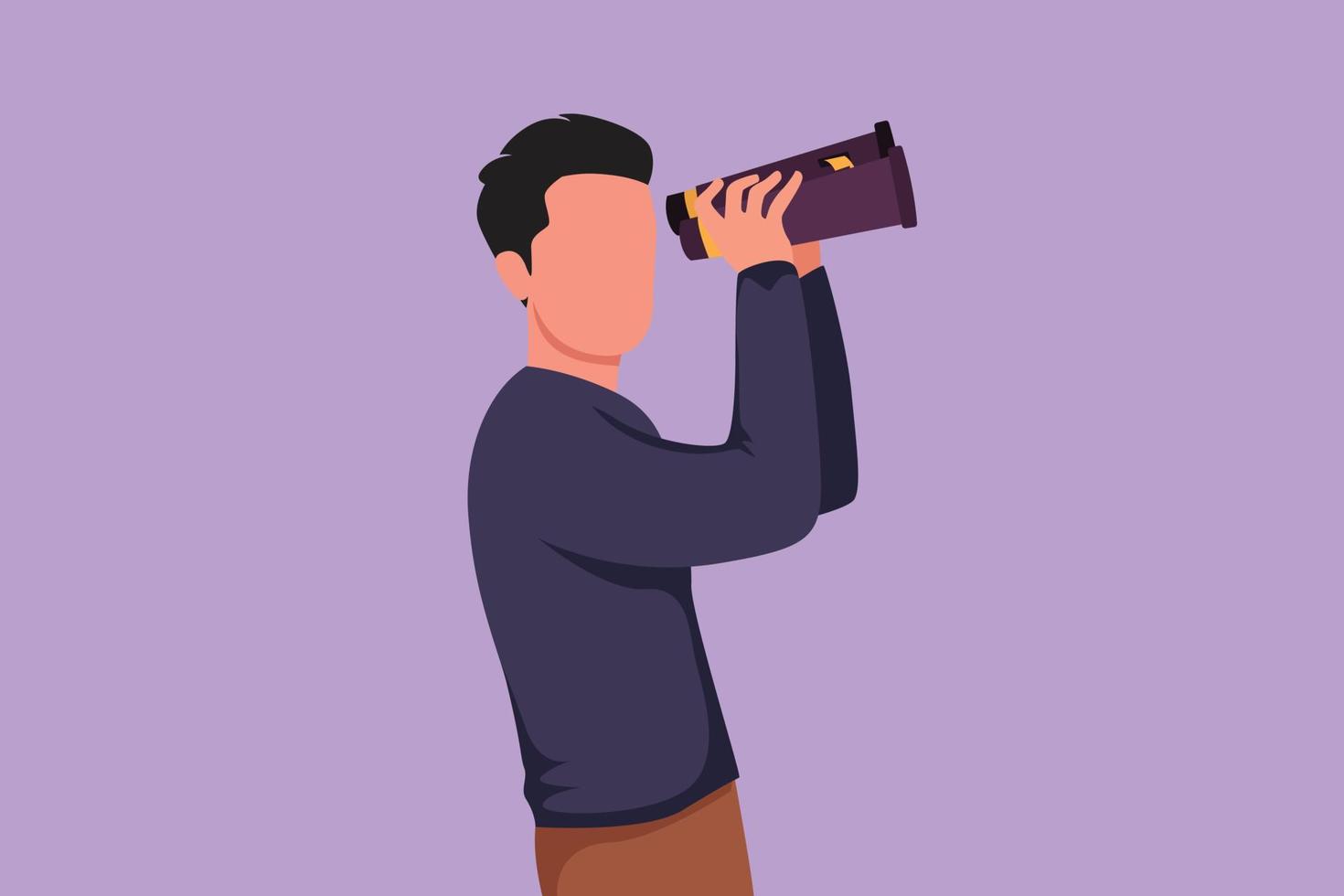 Cartoon flat style drawing side view of young man looking in distance with binoculars. Enjoy beauty of nature as far as the eye can see. Find something interesting. Graphic design vector illustration