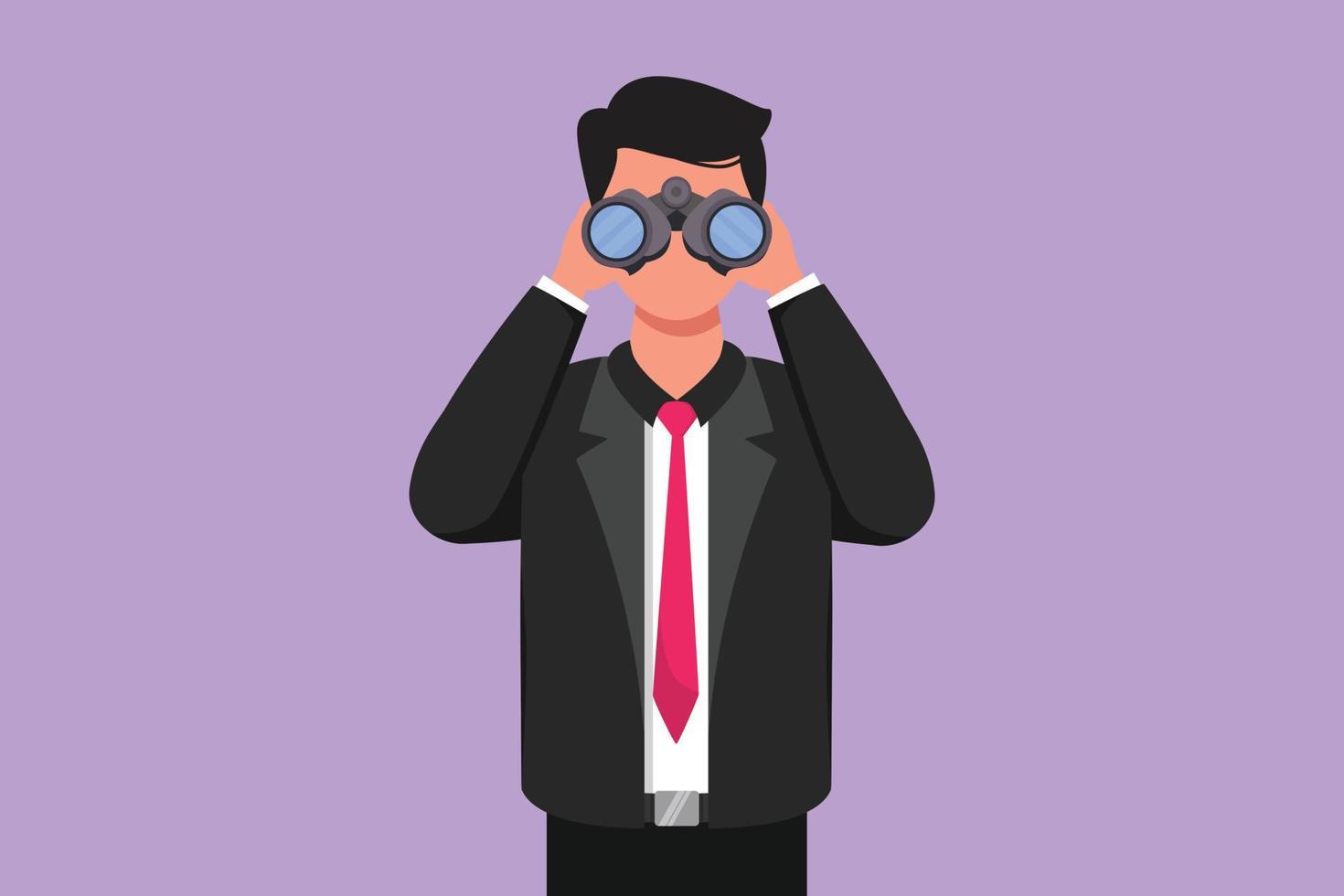 Graphic flat design drawing businessman looking through binoculars searching for job. Find all opportunities in the world of suitable jobs. Success business metaphor. Cartoon style vector illustration