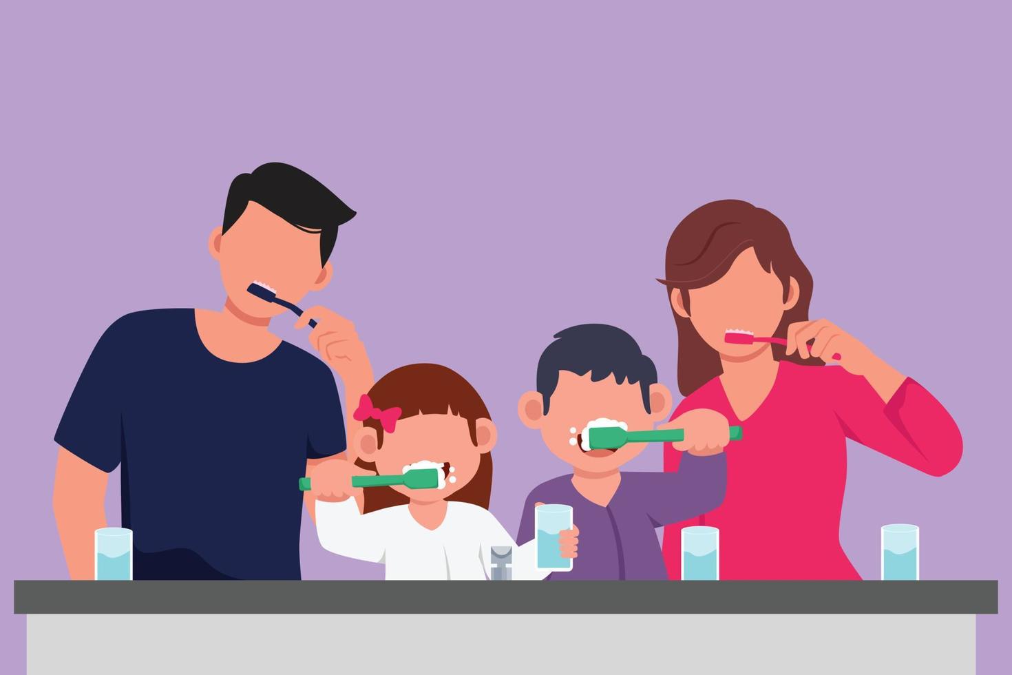 Graphic flat design drawing of happy family brushing their teeth together before bedtime. Routine habits for cleanliness and health of mouth and teeth. Healthy teeth. Cartoon style vector illustration