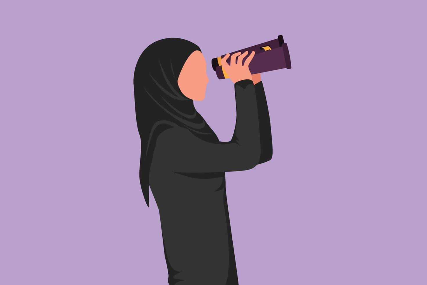 Graphic flat design drawing side view Arab businesswoman looking in distance with binoculars. Enjoy beauty nature as far as the eye can see. Find interesting object. Cartoon style vector illustration