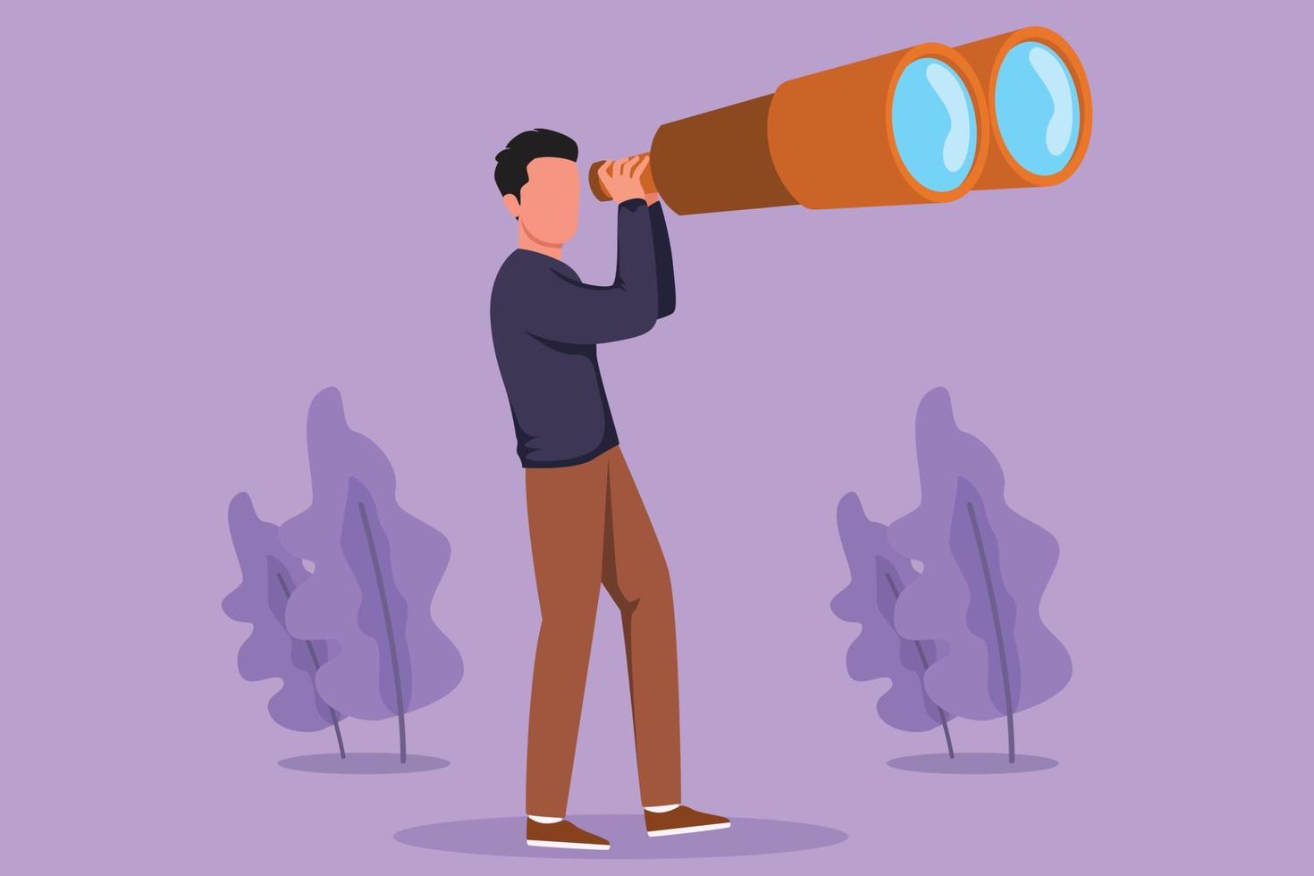 Character flat drawing of tourist man looking through huge binoculars far ahead. Young businessman looking for big business opportunity. Find something interesting. Cartoon design vector illustration