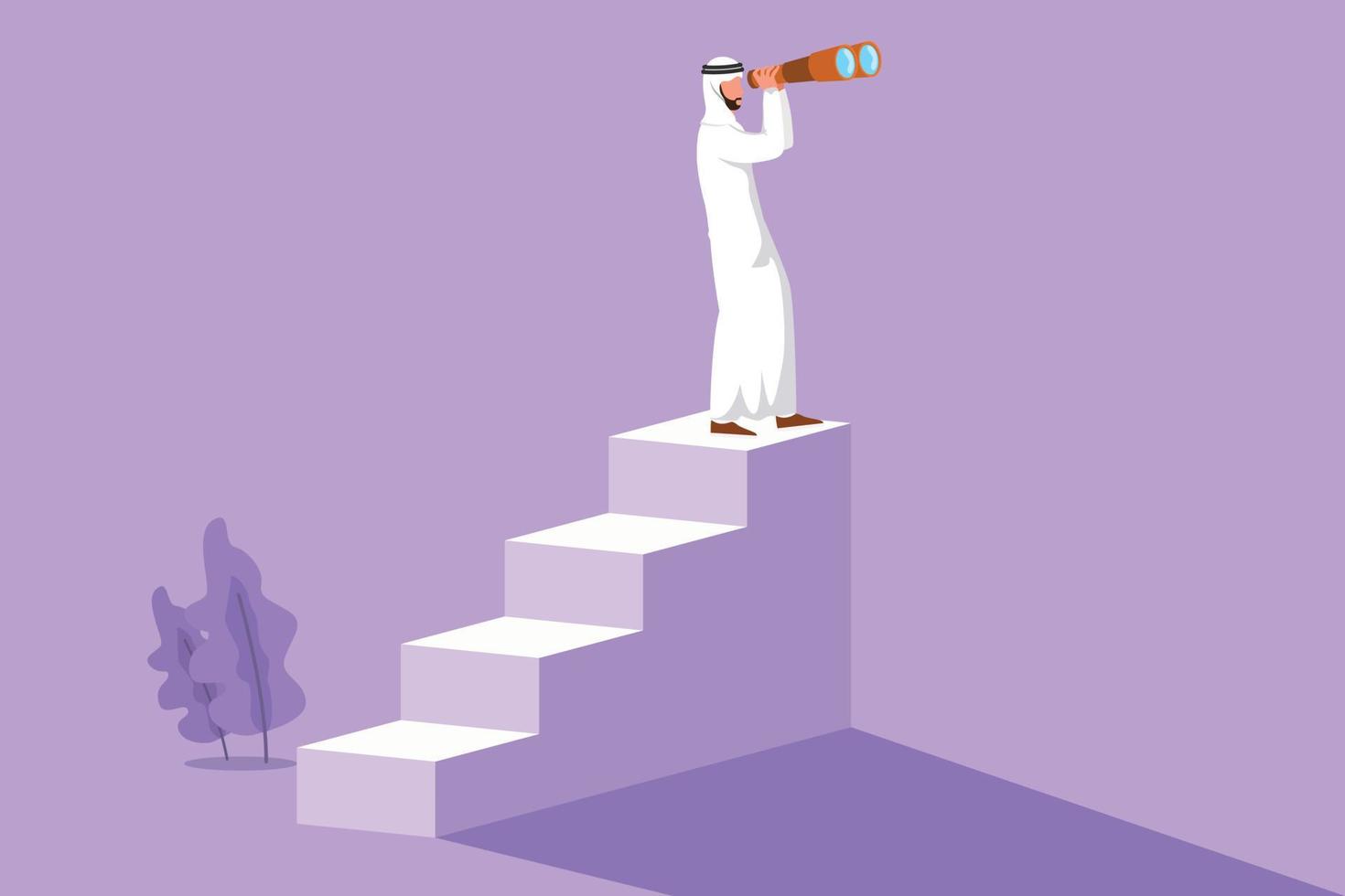 Graphic flat design drawing Arabian businessman standing on stairs with binoculars. Vision concept in business. Symbol of leadership, strategy, mission, objectives. Cartoon style vector illustration