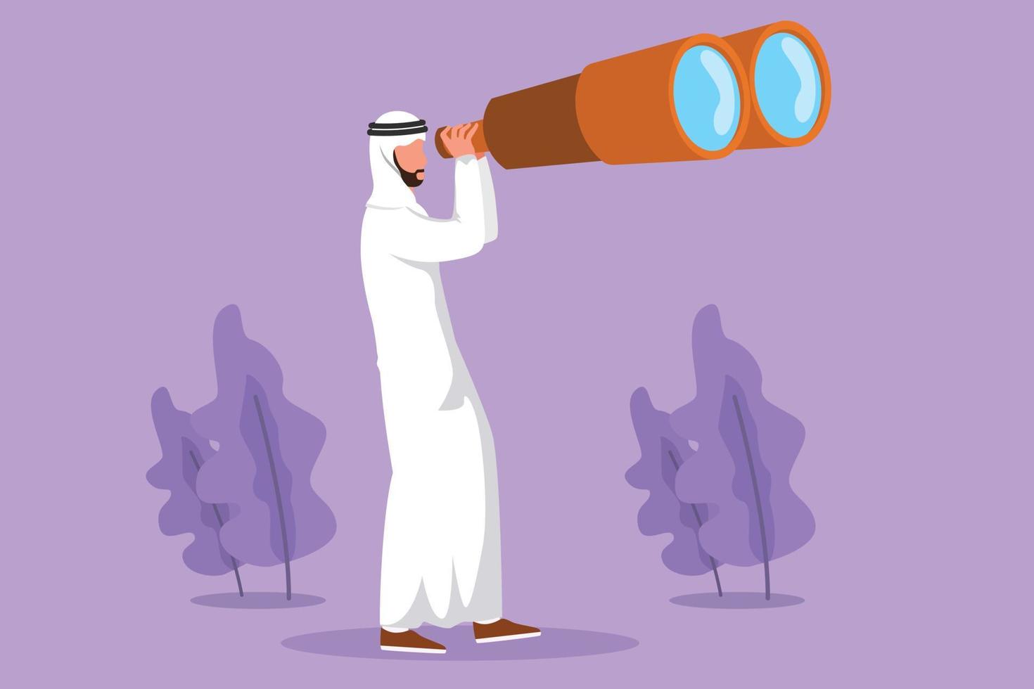 Character flat drawing Arab male tourist looking through huge binoculars far ahead. Young businessman looking for big business opportunity. Find interesting object. Cartoon design vector illustration