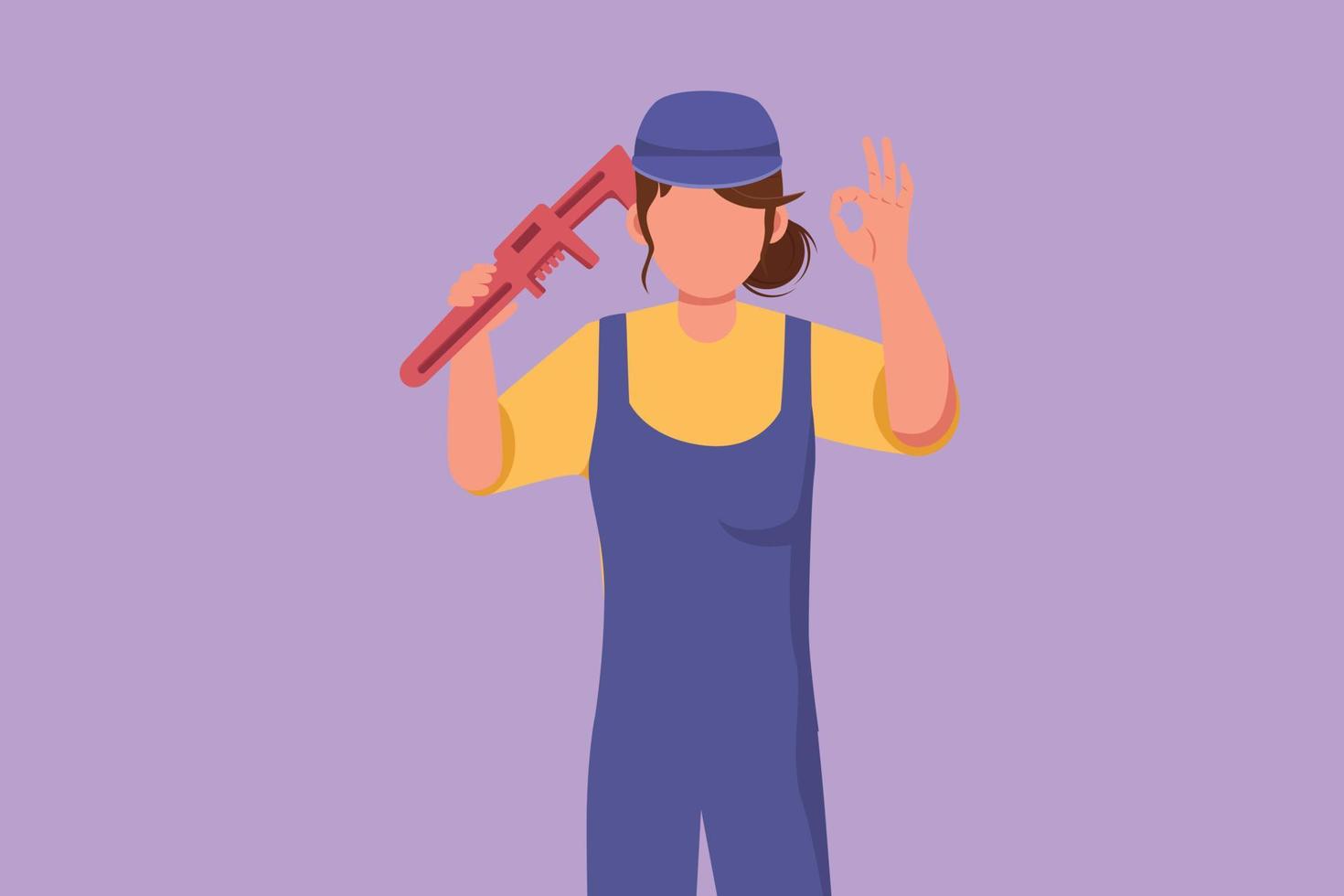 Character flat drawing beautiful female plumber holding wrench and wear helmet with okay gesture, ready to work on repairing leaking drain in sink and houses drains. Cartoon design vector illustration