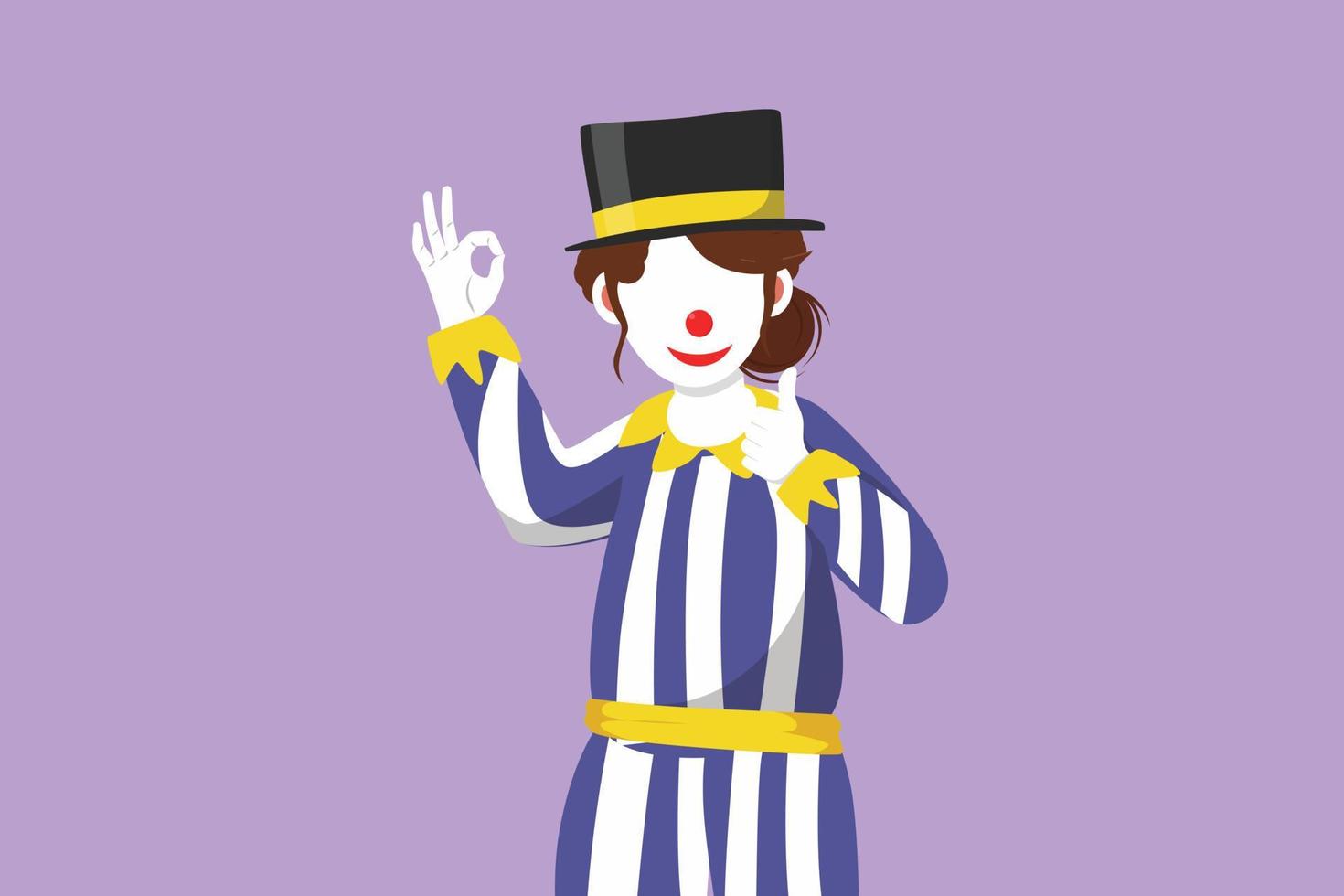 Cartoon flat style drawing of female clown hand say hi and the other hand with okay gesture. Wearing hat and smiling face makeup. Entertain kids at birthday party. Graphic design vector illustration