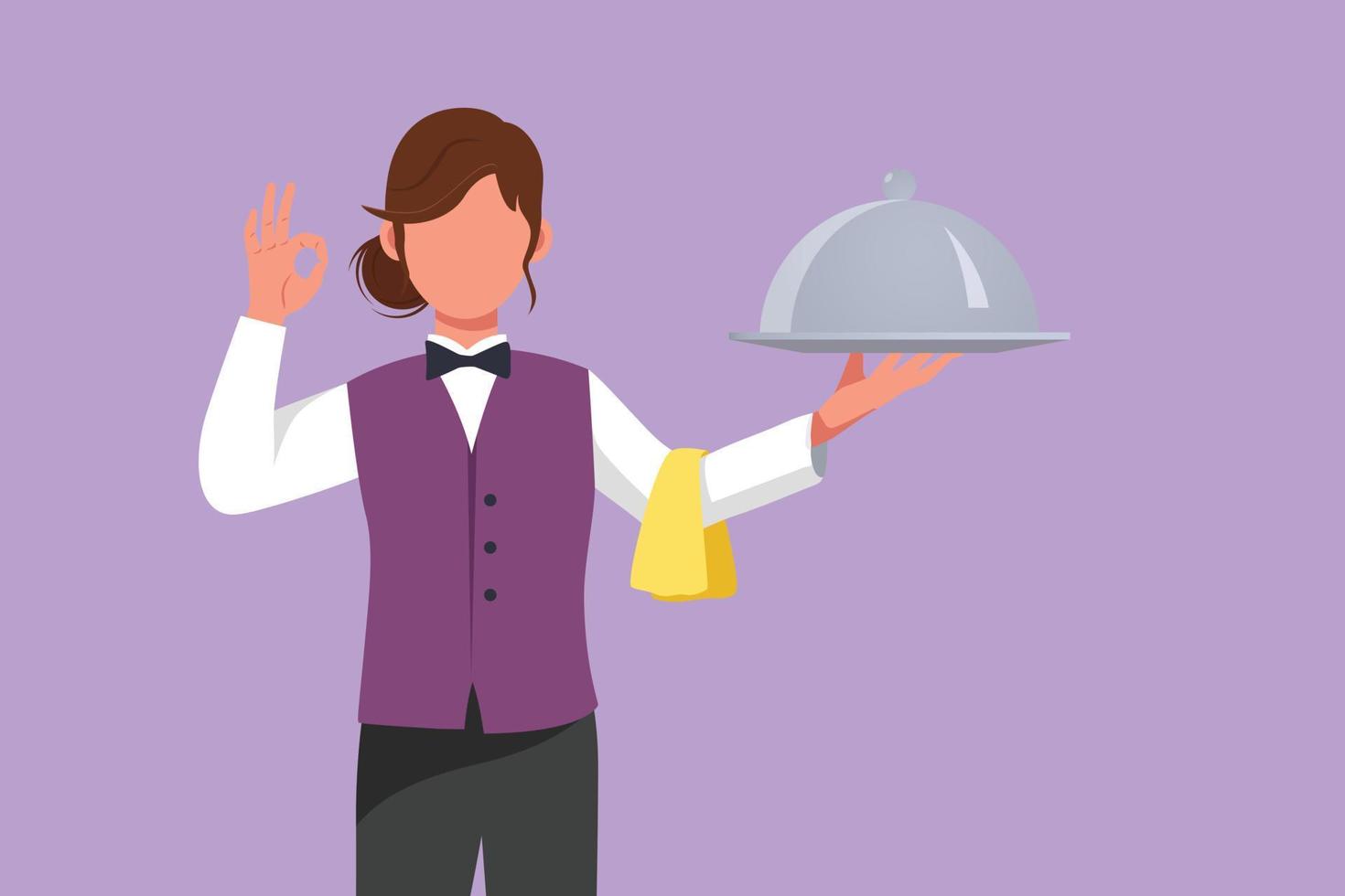 Cartoon flat style drawing female waitress holding tray of delicious meals with okay gesture serving customers in restaurant. Working hard to make guests feel happy. Graphic design vector illustration