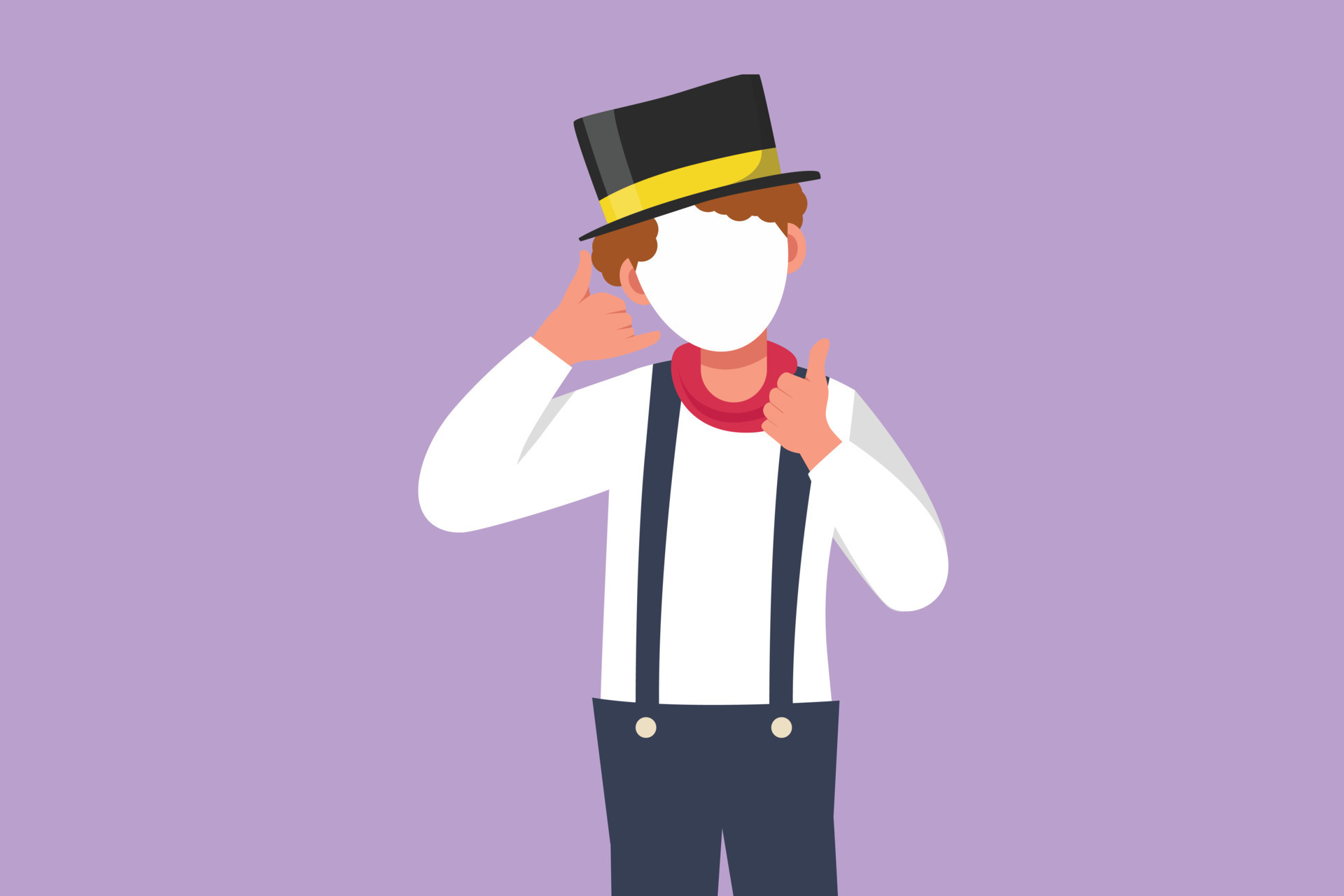 Character flat drawing male mime artist say hi with call me gesture and white face make up puts on silent motion comedy show at circus arena. Creative job industry. Cartoon design vector Character flat drawing male mime artist say hi with call me gesture and white face make up puts on silent motion comedy show at circus arena. Creative job industry. Cartoon design vector