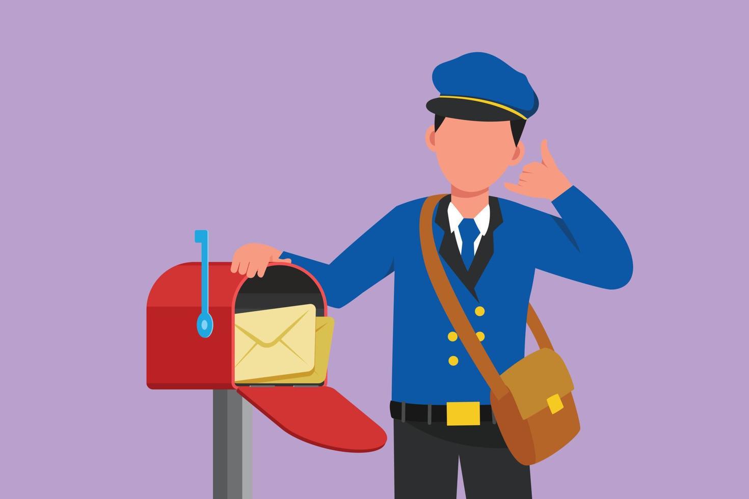 Graphic flat design drawing active postman holding envelope on mail box with call me gesture, wear hat, bag, uniform, working hard to delivery mail to home address. Cartoon style vector illustration