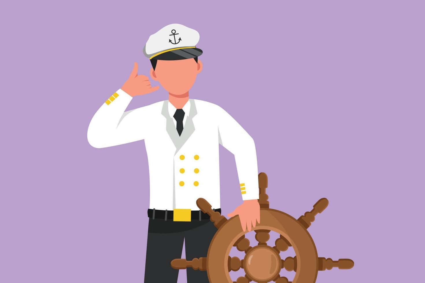 Cartoon flat style drawing bravery sailor man with call me gesture ready to sail across seas in ship that is headed by captain. Male sailor traveling across ocean. Graphic design vector illustration