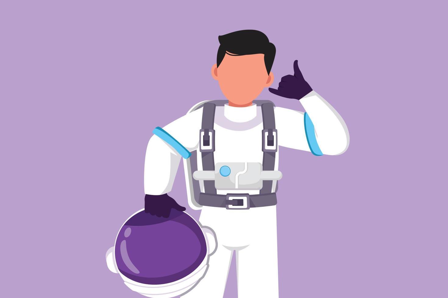 Character flat drawing active male astronaut holding helmet with call me gesture wearing spacesuit and ready to explore outer space in search mysteries of universe. Cartoon design vector illustration