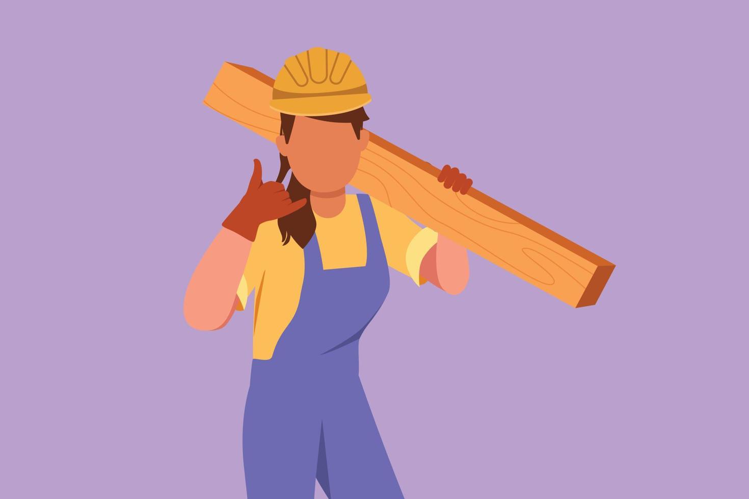 Graphic flat design drawing female carpenter carrying wooden board with call me gesture and working in workshop making wooden product. Skills in using carpentry tool. Cartoon style vector illustration