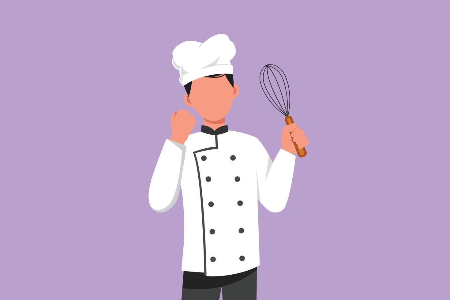 Character flat drawing happy chef holding egg beater with celebrate gesture and tasting delicious cake. Wearing uniform ready to cook food for guest in restaurant. Cartoon design vector illustration