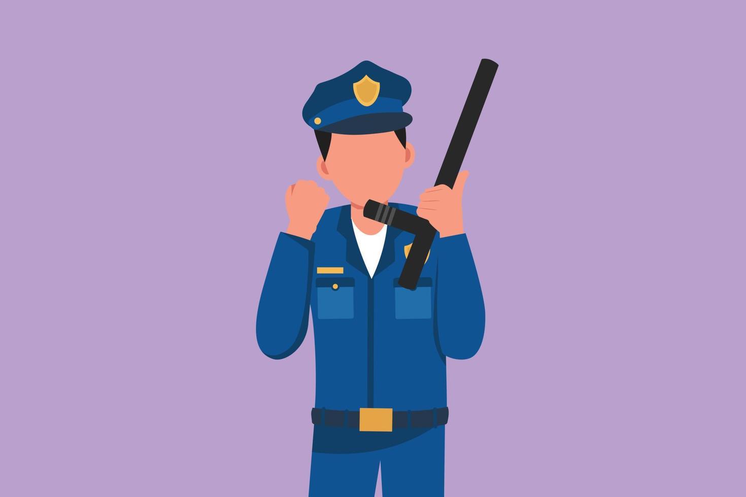 Graphic flat design drawing policeman holding police baton with celebrate gesture and in full uniform ready to enforce traffic discipline on highway. Police on duty. Cartoon style vector illustration