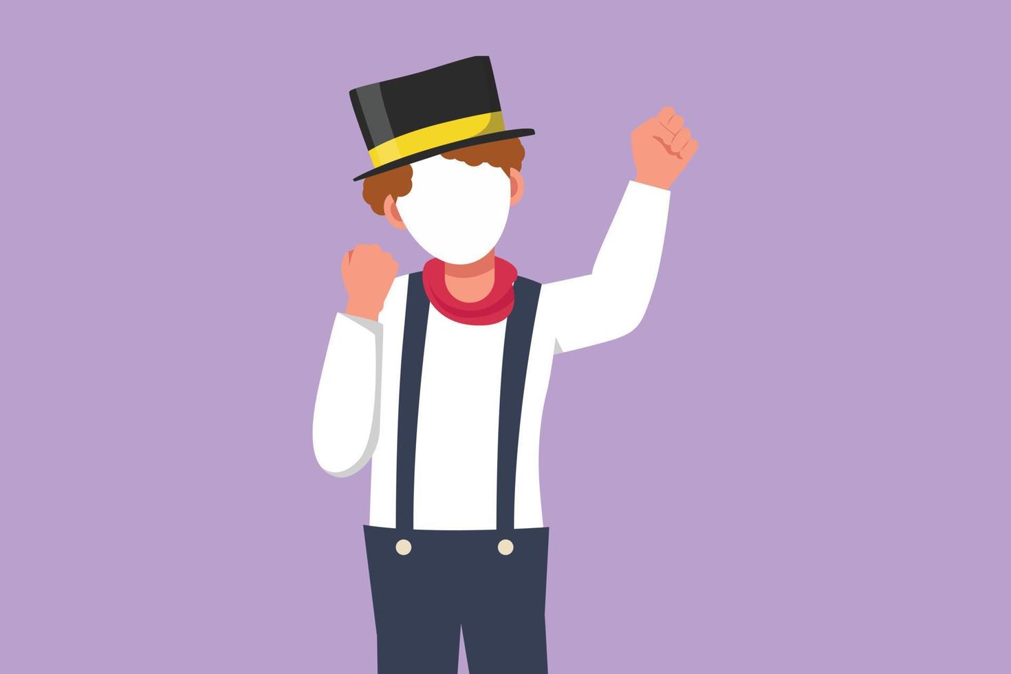 Character flat drawing of mime artist say hi with celebrate gesture and white face make up puts on silent motion comedy show at circus arena. Creative job industry. Cartoon design vector illustration