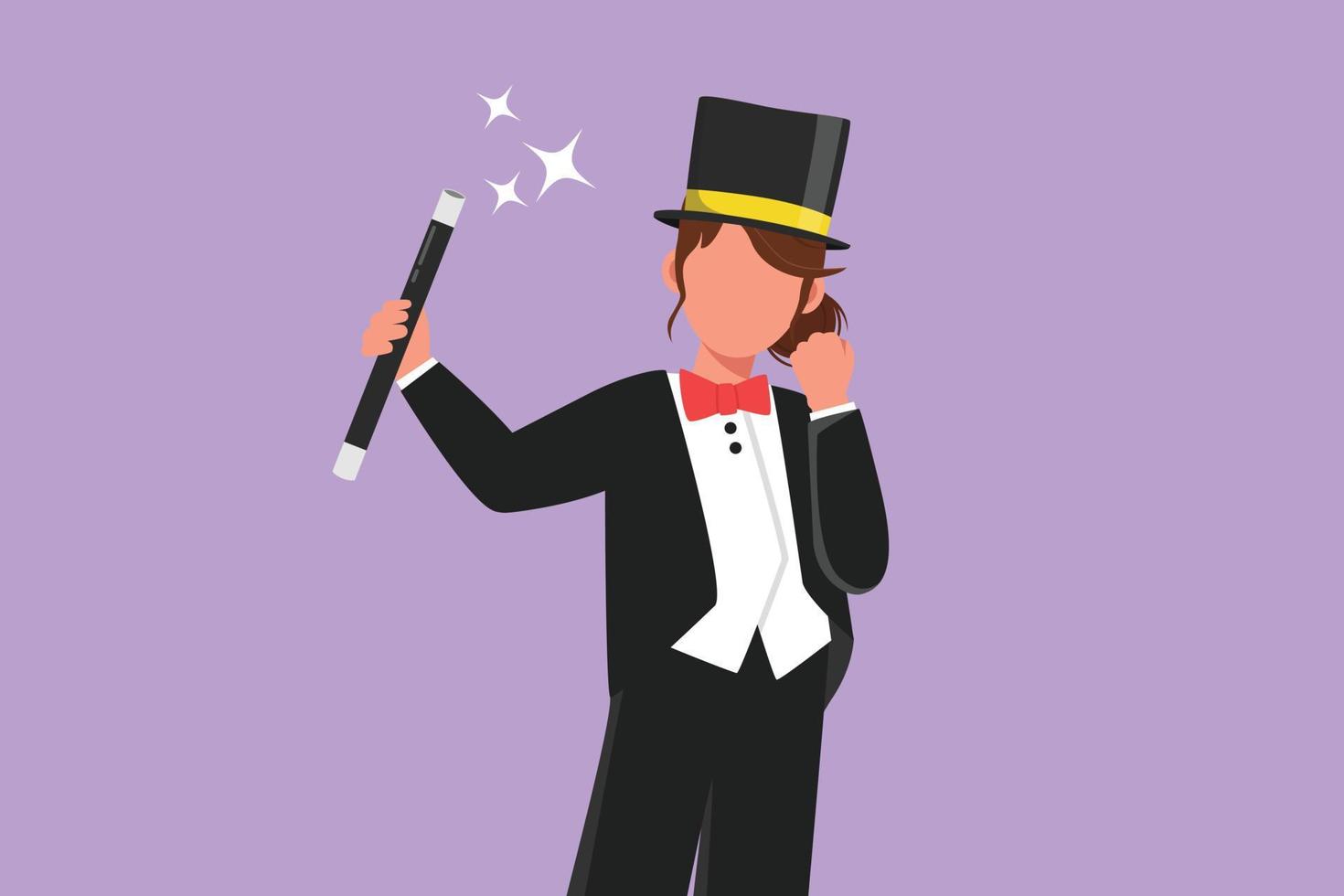 Character flat drawing beauty female magician in tuxedo suit with celebrate gesture wearing hat and holding magic stick ready to entertain audience in circus show. Cartoon design vector illustration