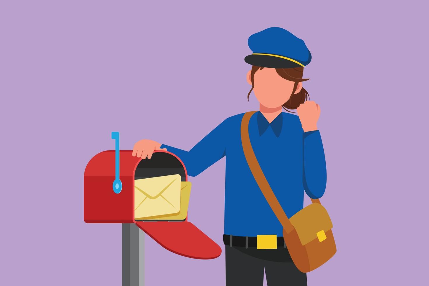 Cartoon flat style drawing postwoman holds envelope on mail box with celebrate gesture, wearing hat, bag, and uniform, working hard to delivery mail to home address. Graphic design vector illustration