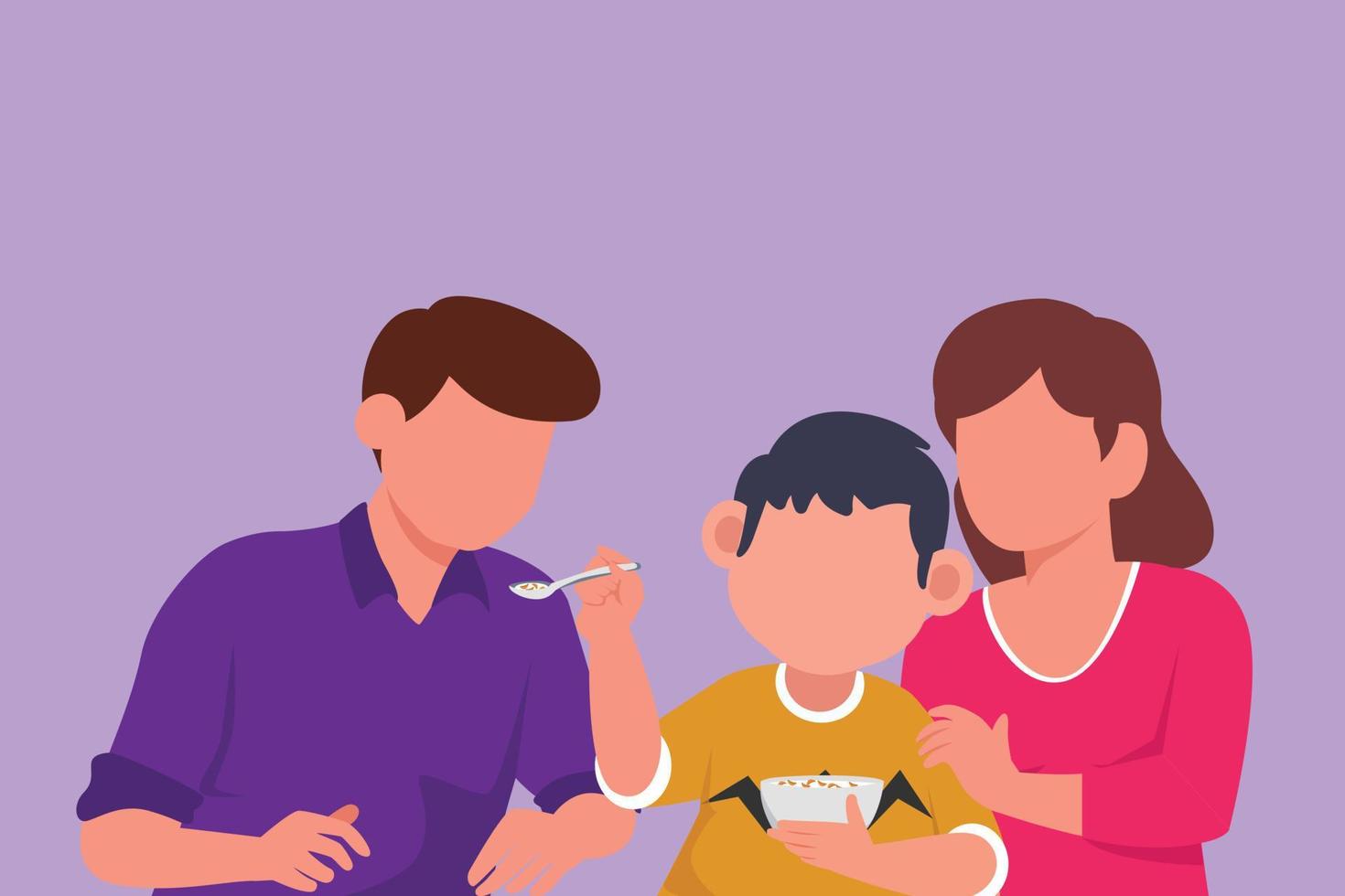 Graphic flat design drawing of young family having breakfast together with cereal and milk in restaurant. Little boy feeds his father with love. Happy little family. Cartoon style vector illustration